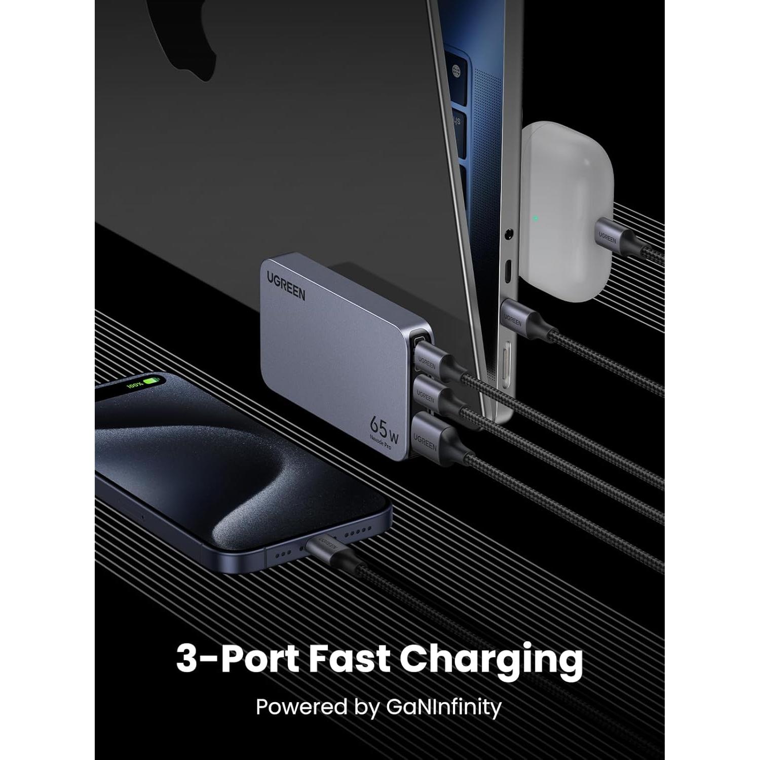 Cargador USB C UGREEN Nexode Pro 65W 3 Puertos Rápido