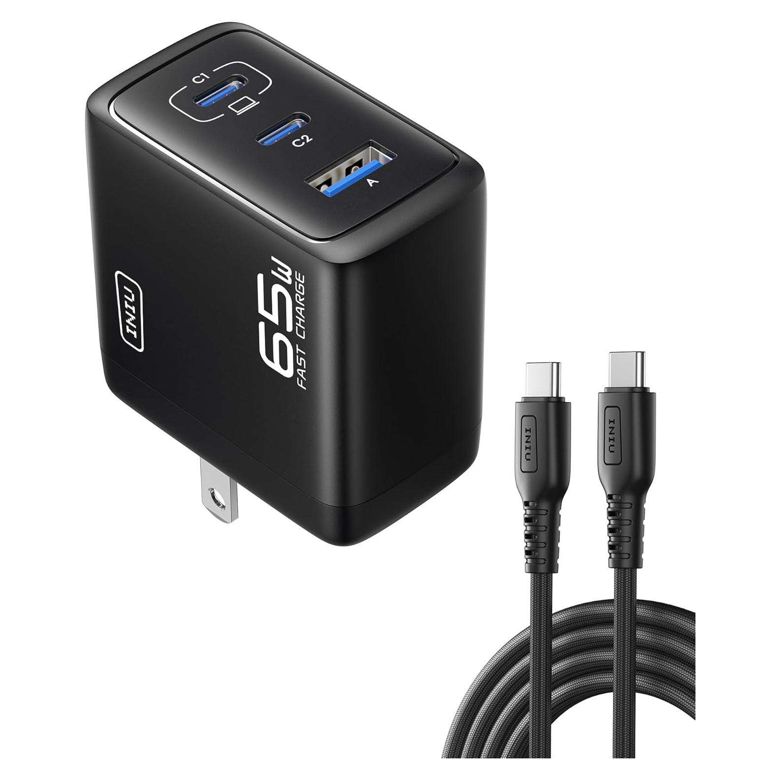 Cargador INIU 65W USB C 3 Puertos Carga Rápida GaN Negro
