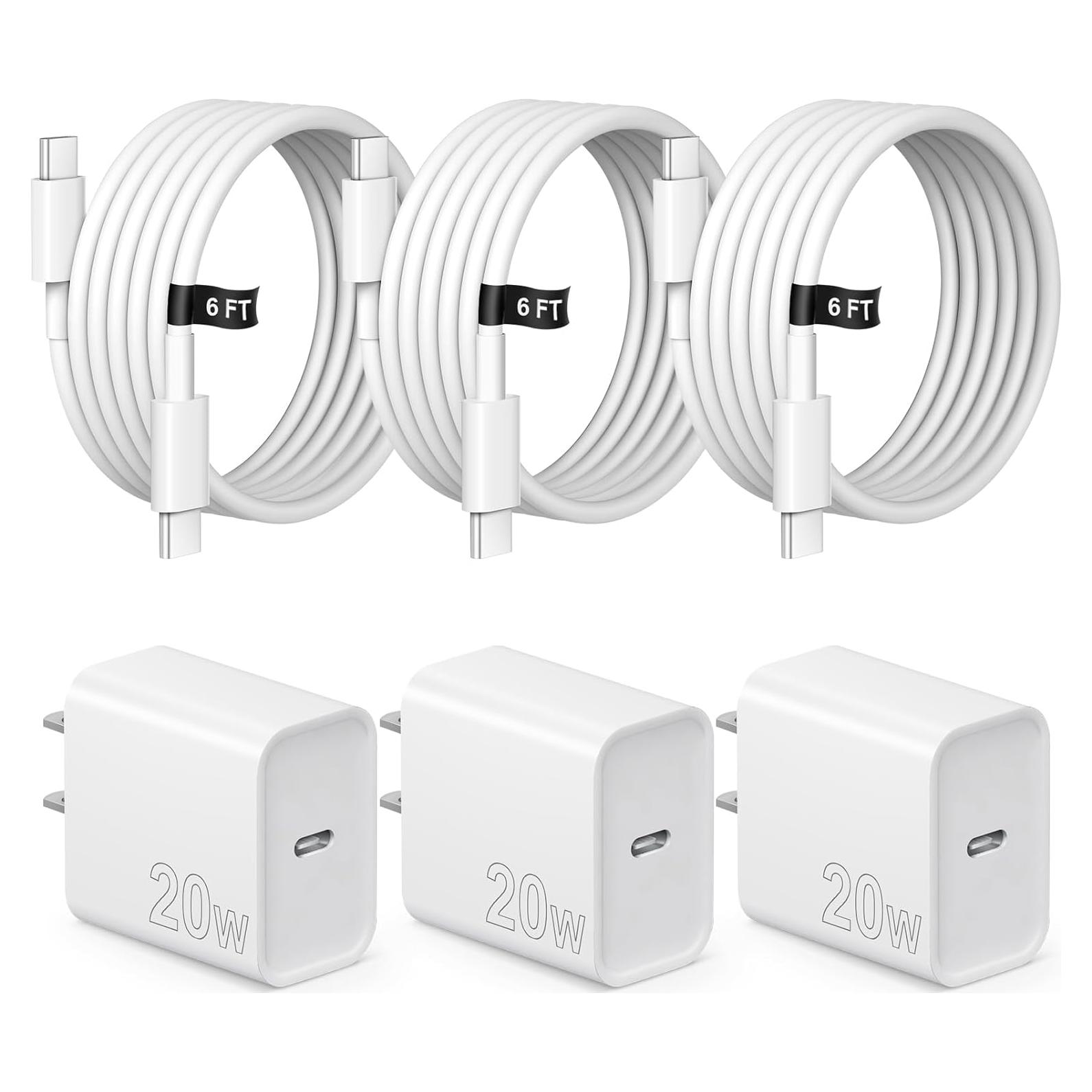 Cargador Rápido 20W USB-C iPhone 15/16 + 3 Cables 6FT