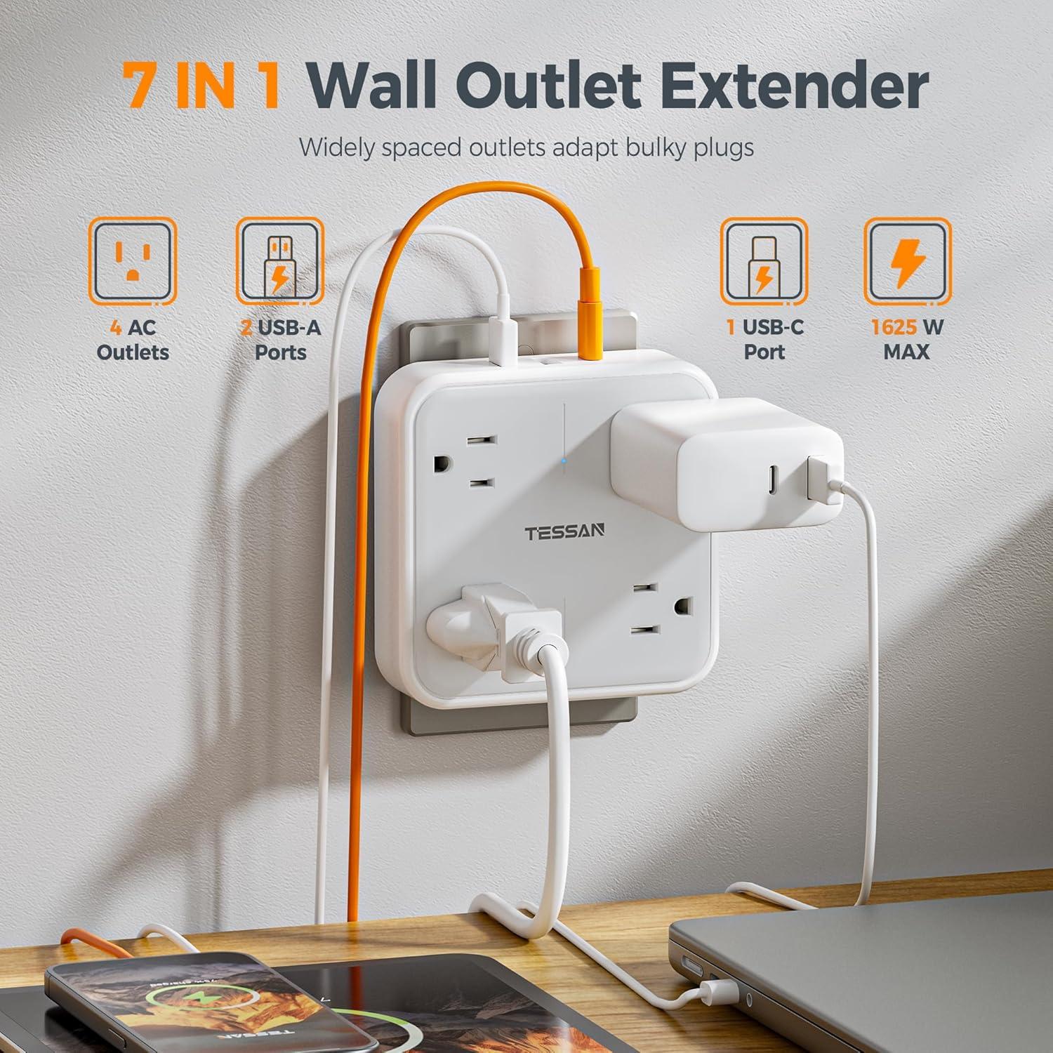Extensor de Enchufe Múltiple TESSAN con 3 USB y Protector