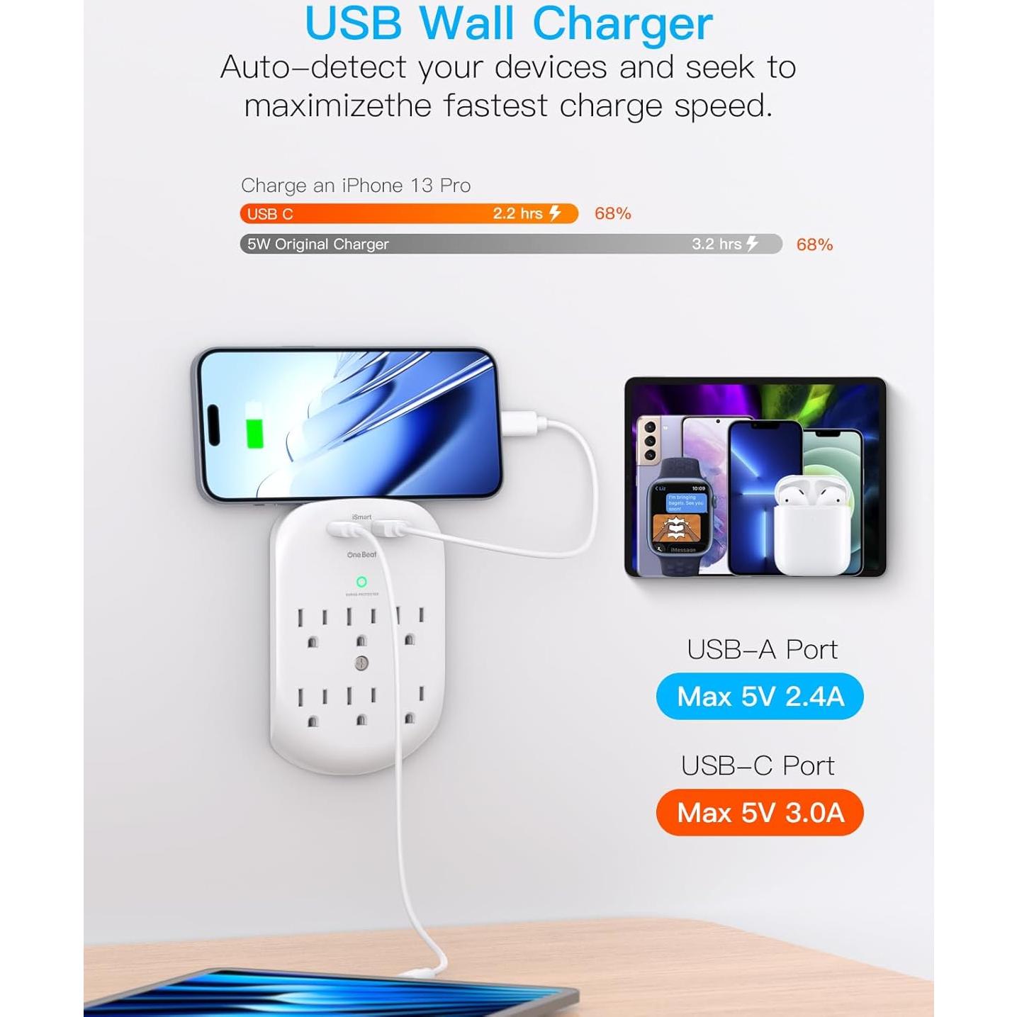 Extensor de Enchufe Múltiple One Beat 6 AC + 2 USB Carga Rápida