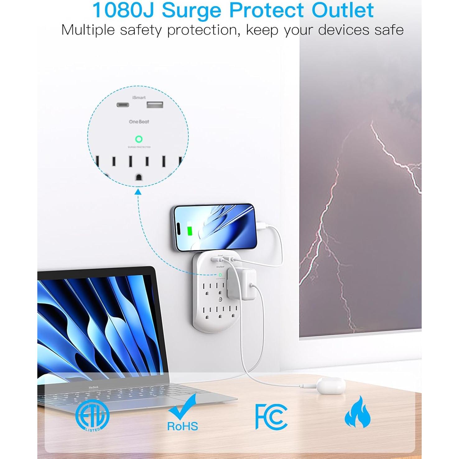 Extensor de Enchufe Múltiple One Beat 6 AC + 2 USB Carga Rápida