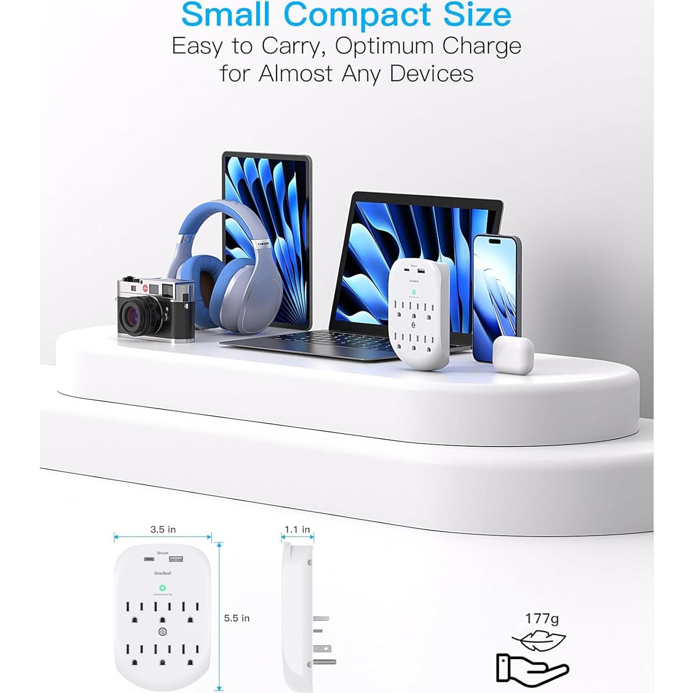 Extensor de Enchufe Múltiple One Beat 6 AC + 2 USB Carga Rápida