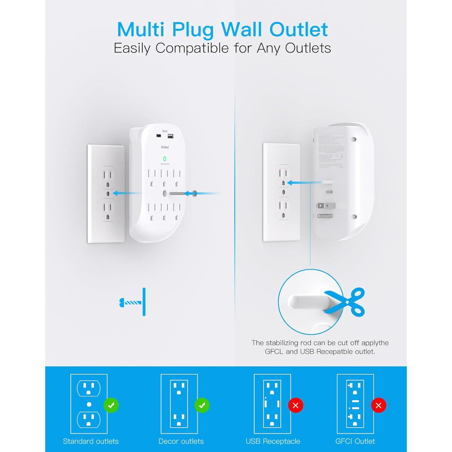 Extensor de Enchufe Múltiple One Beat 6 AC + 2 USB Carga Rápida