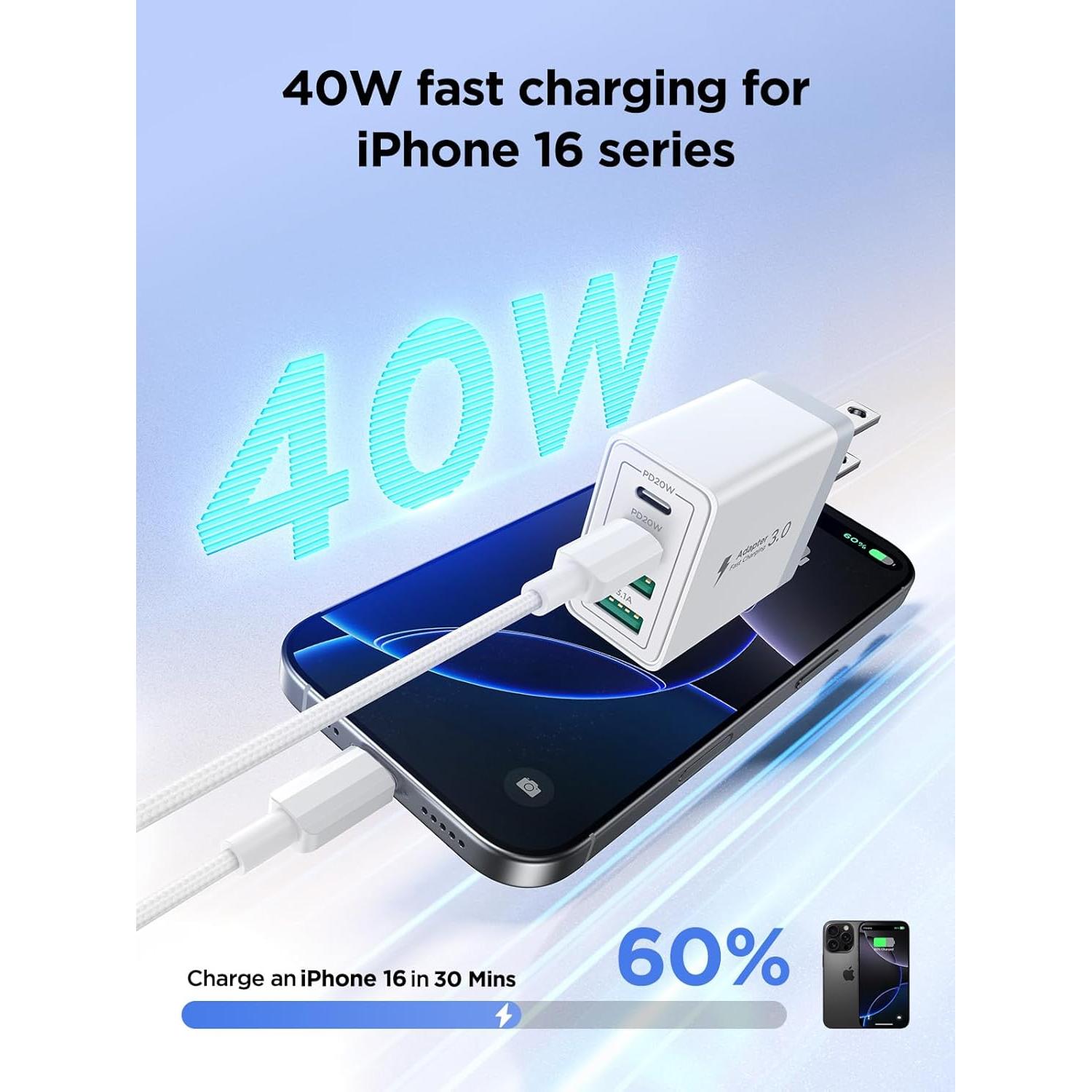 Cargador USB C 40W 2Pack con Cable 6FT - Carga Rápida