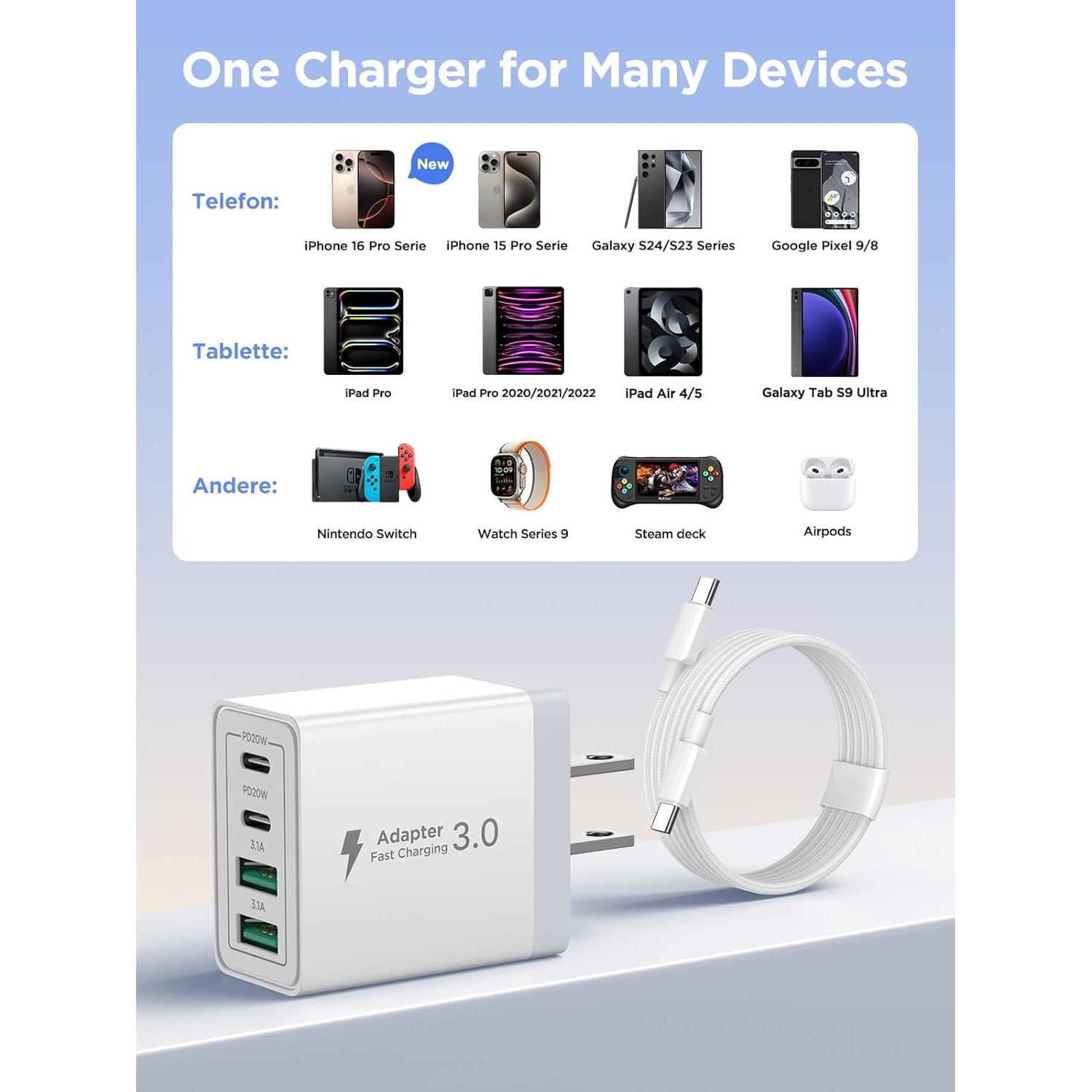 Cargador USB C 40W 2Pack con Cable 6FT - Carga Rápida