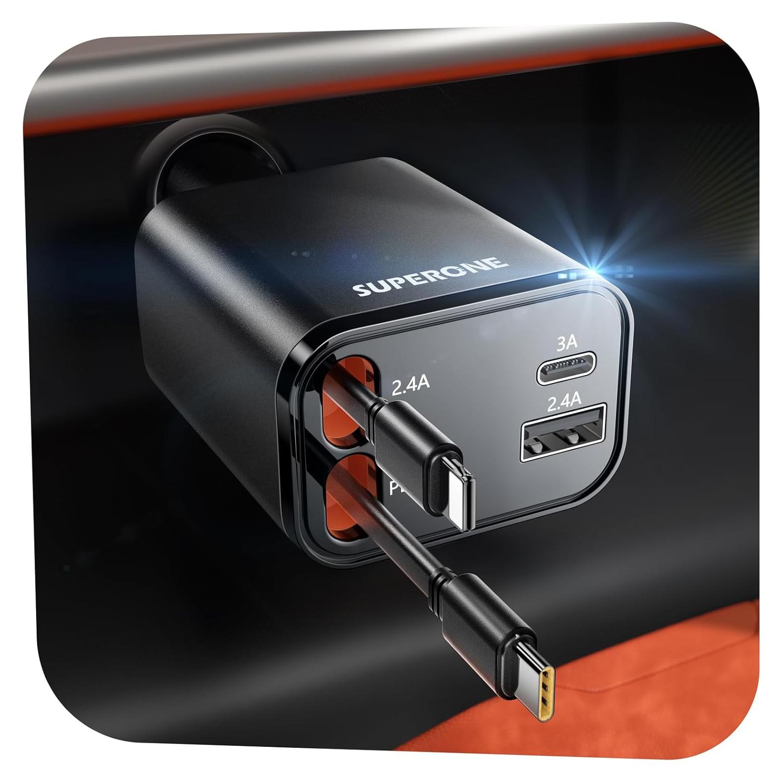 Cargador de Coche Retráctil SUPERONE 69W USB-C y USB-A Negro