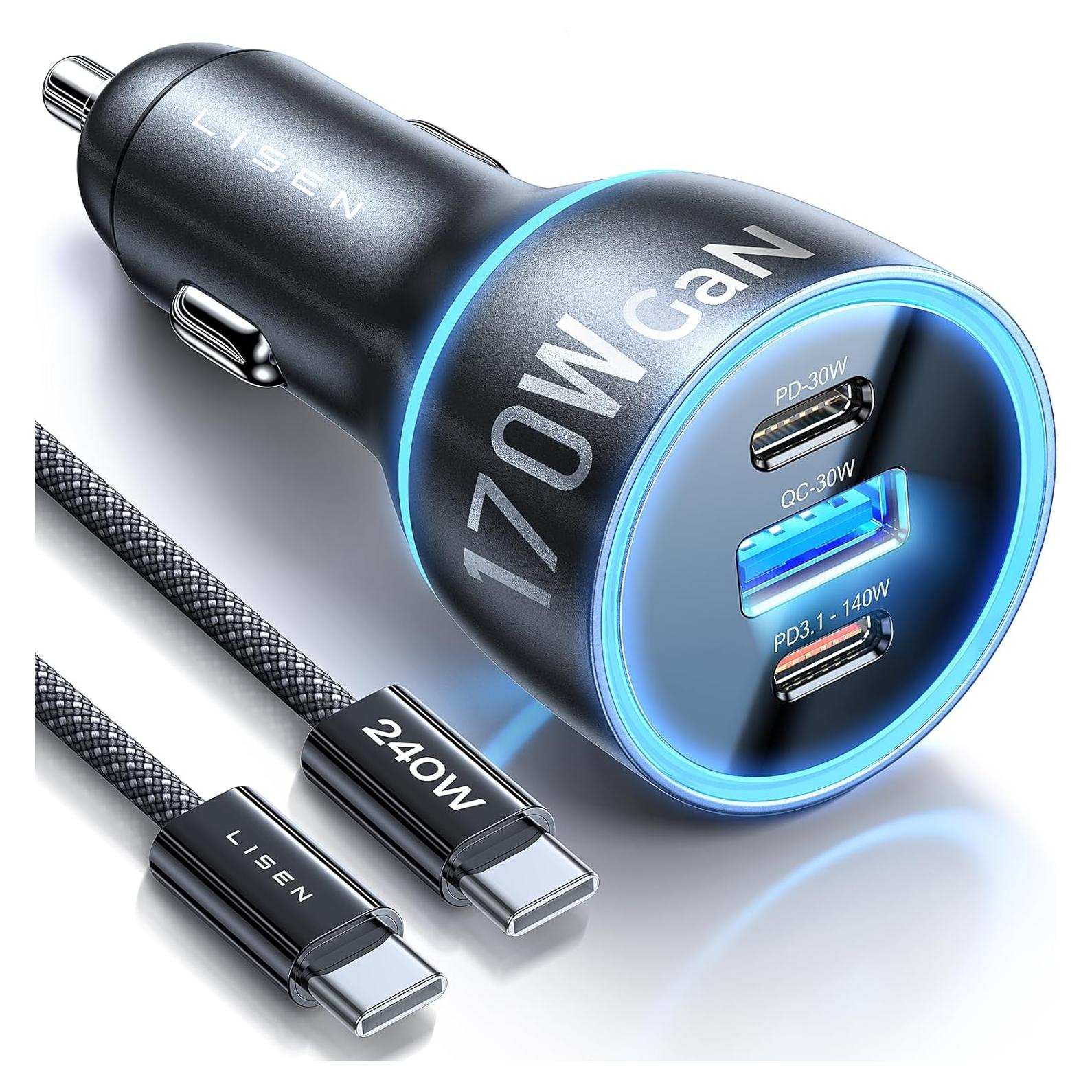 Cargador de coche LISEN 170W USB-C carga rápida para iPhone 16