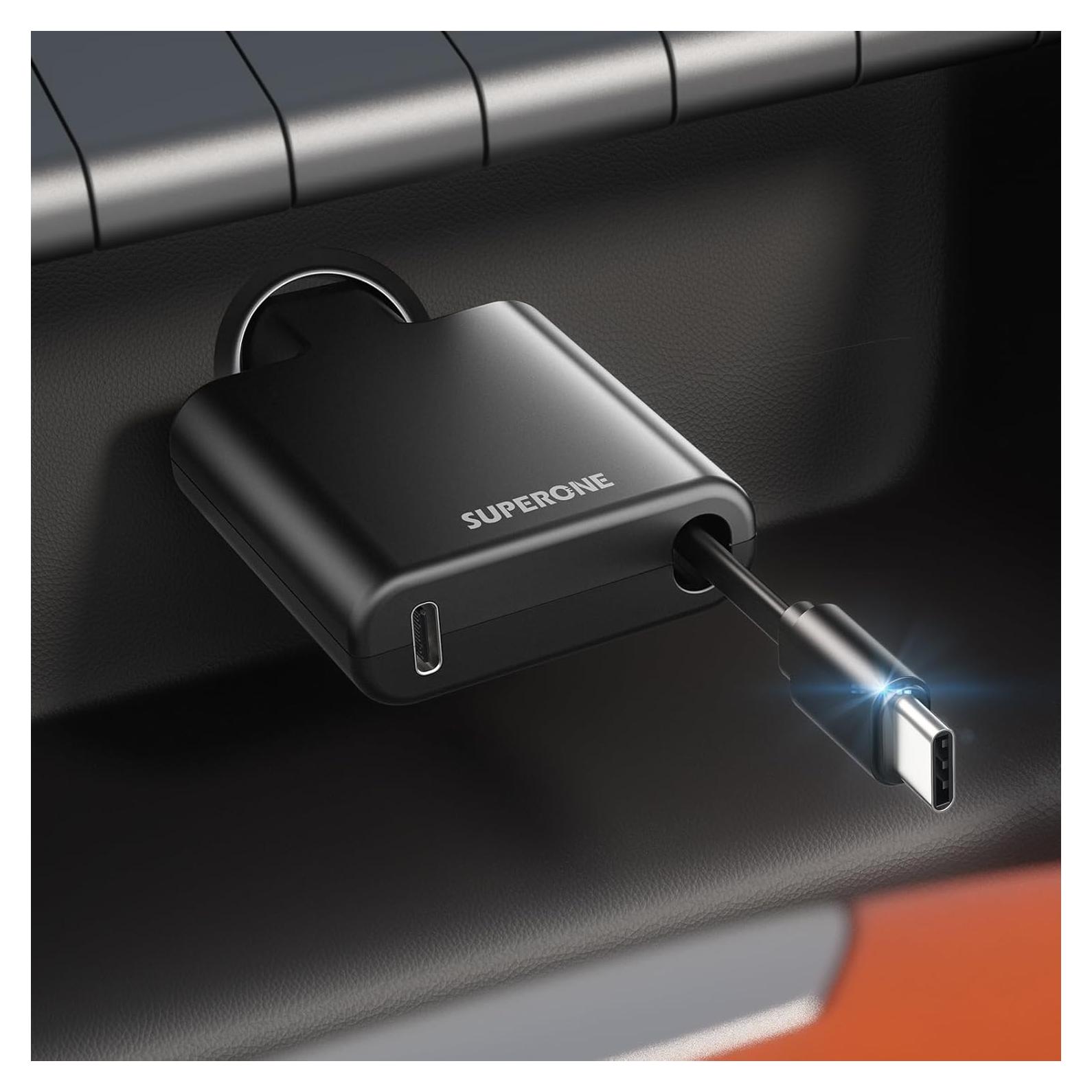 Cargador de Coche USB C Retráctil 45W SUPERONE para iPhone y Samsung