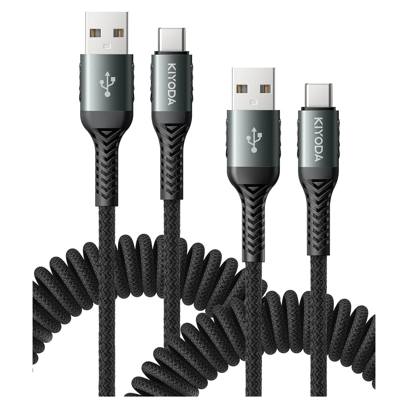 Cable USB C Enrollado Trenzado KIYODA 2Pack 1m Carga Rápida