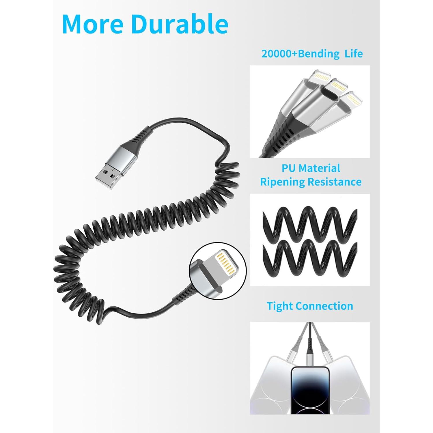 Cable Enrollado Lightning para Coche Acevien 3FT MFi Negro