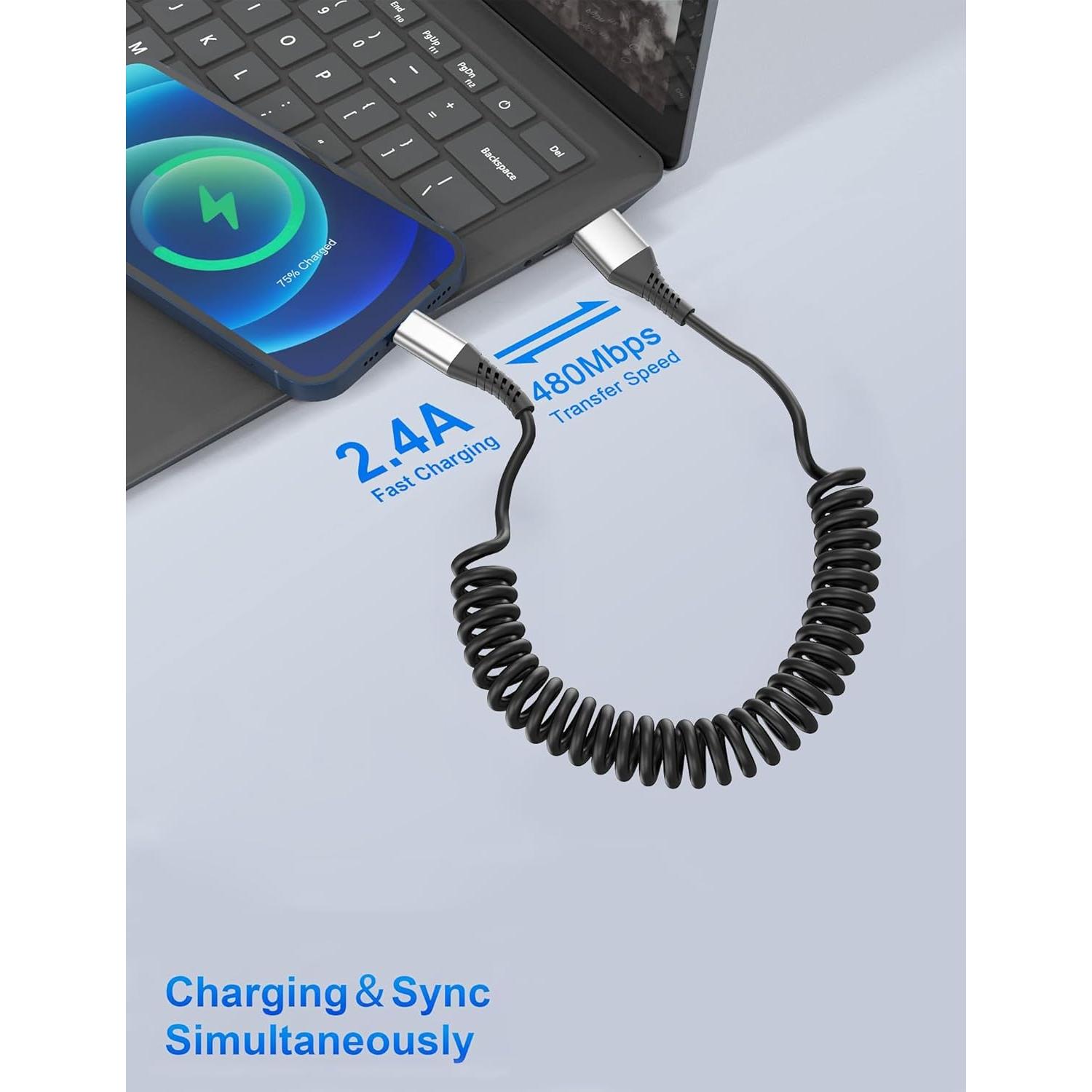 Cable Enrollado Lightning para Coche Acevien 3FT MFi Negro