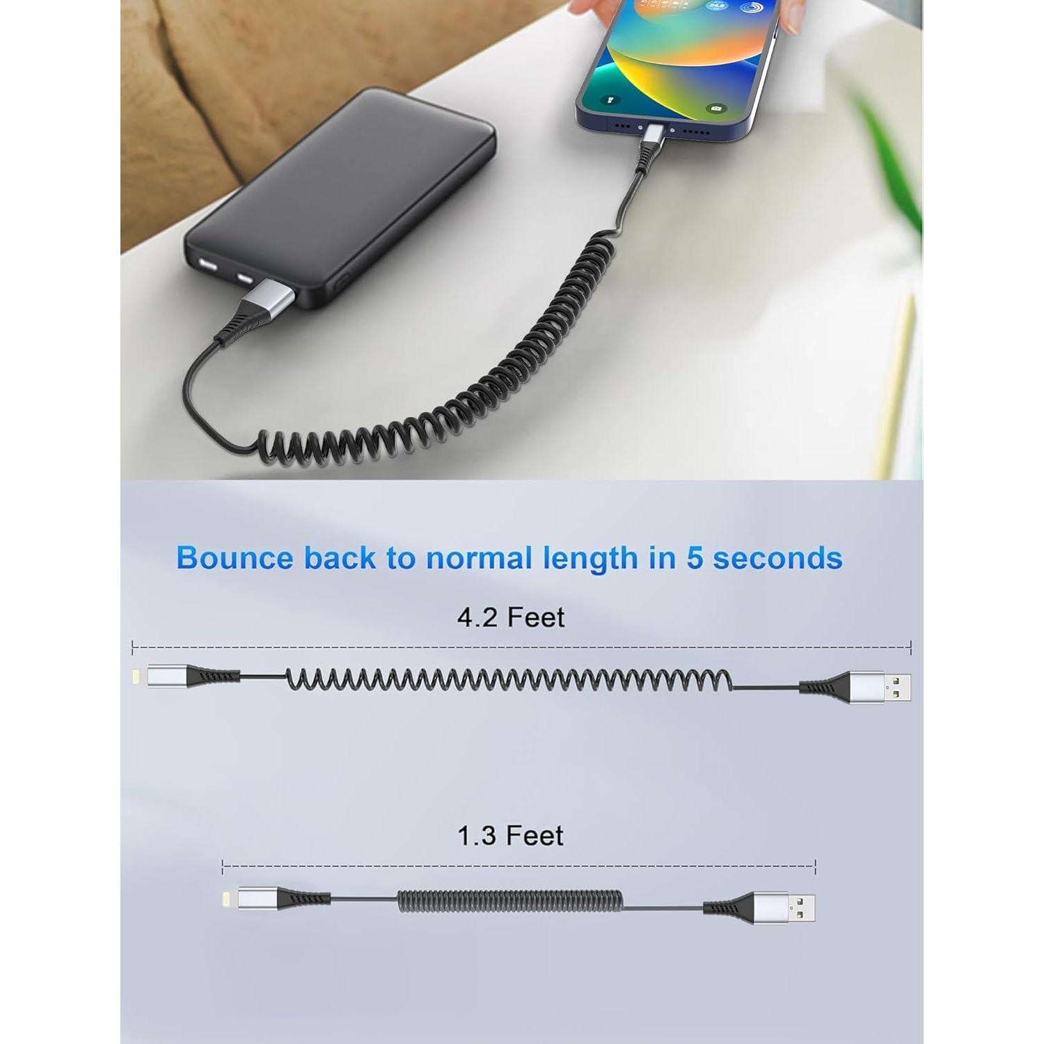 Cable Enrollado Lightning para Coche Acevien 3FT MFi Negro