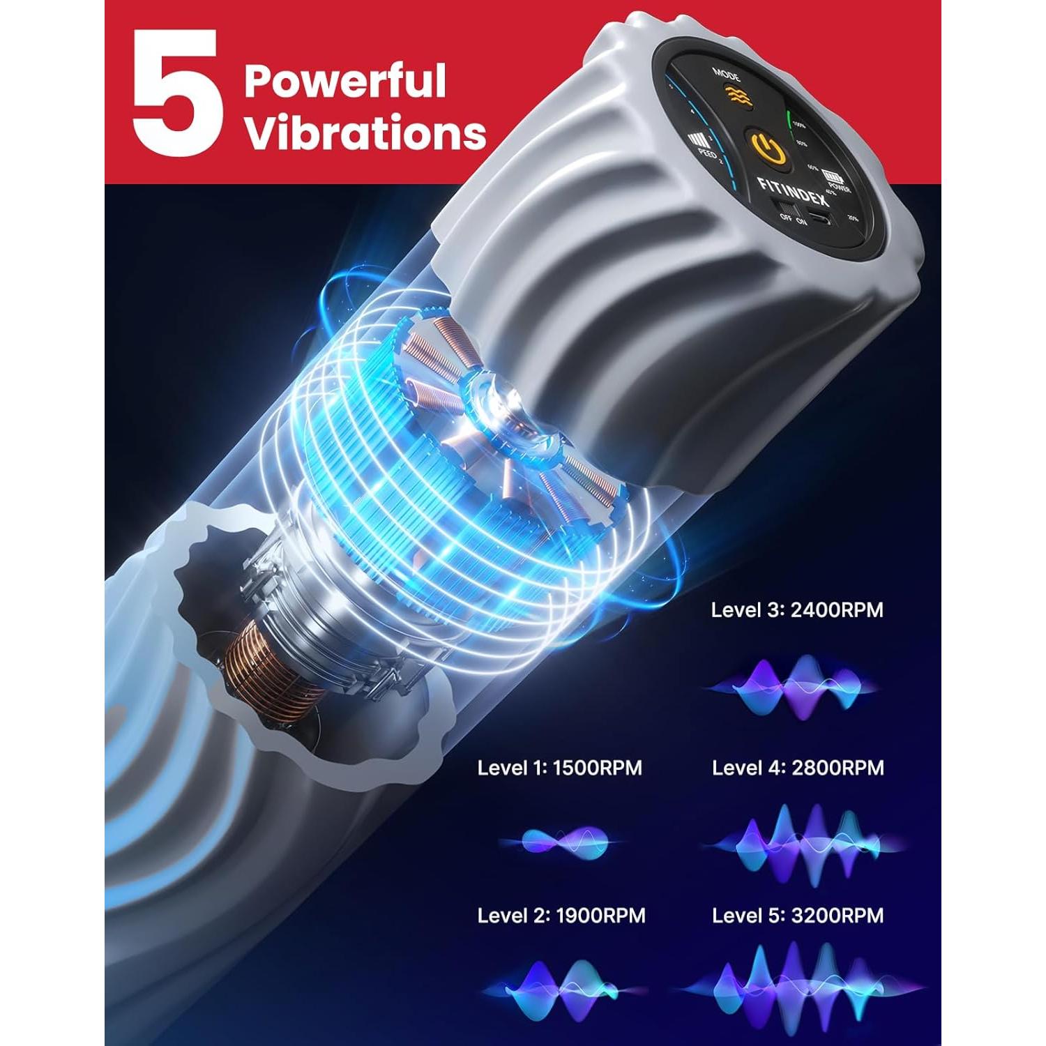 Rodillo de Espuma Vibrante Fitindex 5 Velocidades Masaje Muscular
