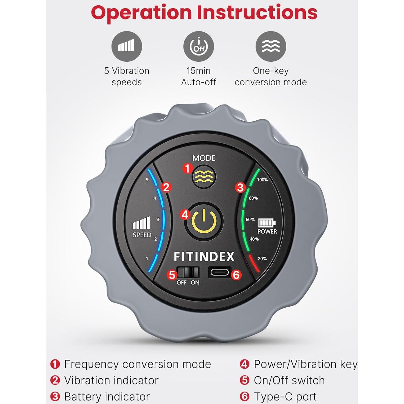Rodillo de Espuma Vibrante Fitindex 5 Velocidades Masaje Muscular