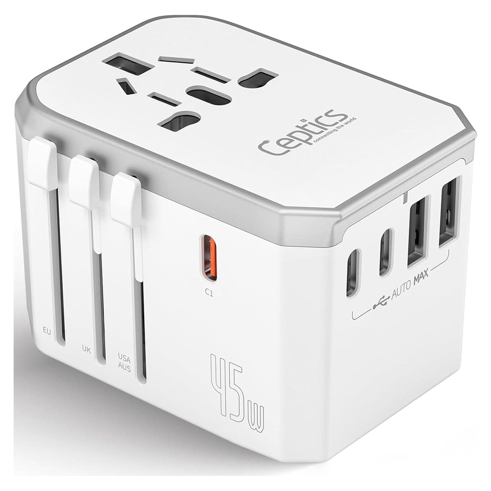 Adaptador de Viaje Universal 6-en-1 Ceptics 45W USB-A y USB-C
