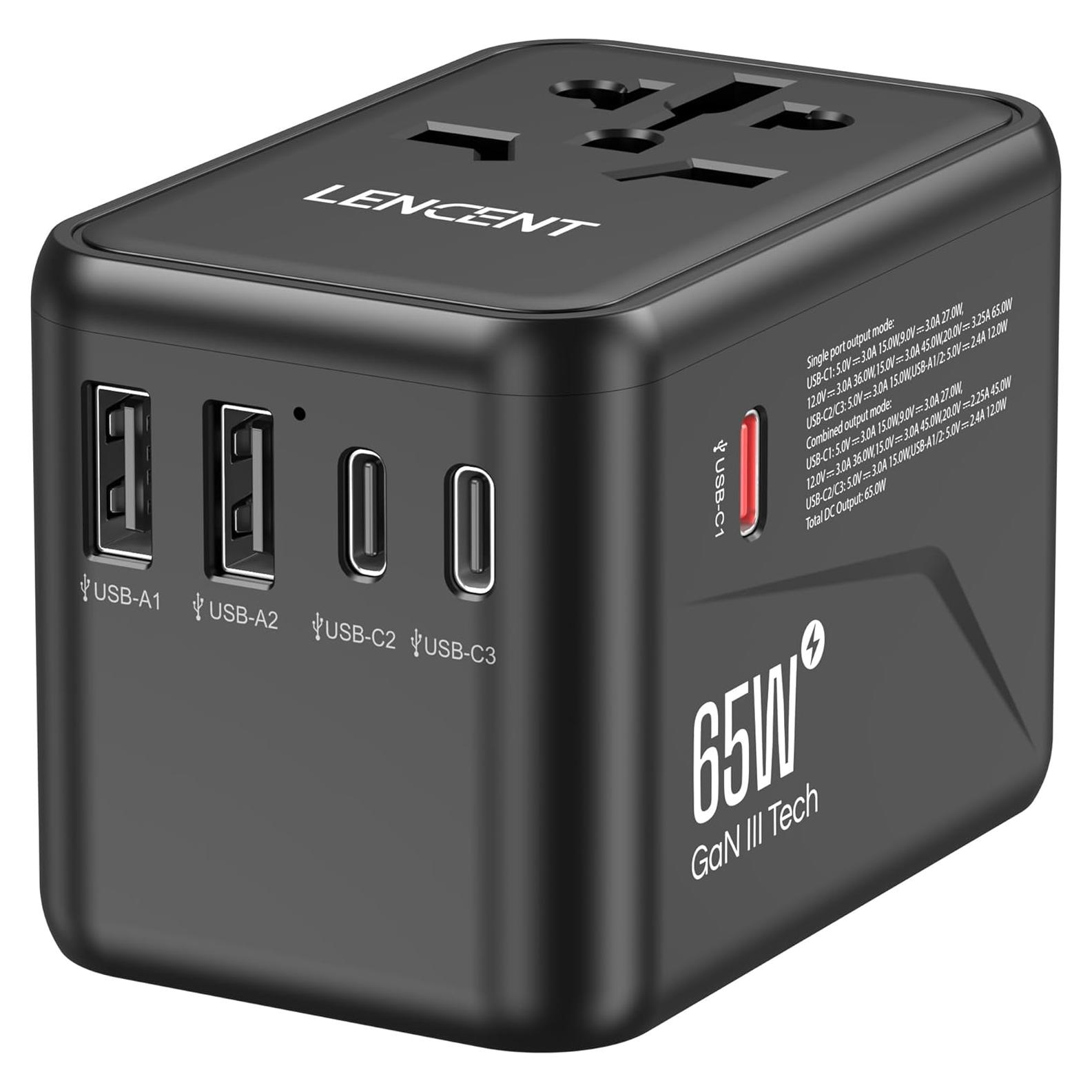 Adaptador de Viaje Universal LENCENT 65W con 2 USB y 3 Carga Rápida