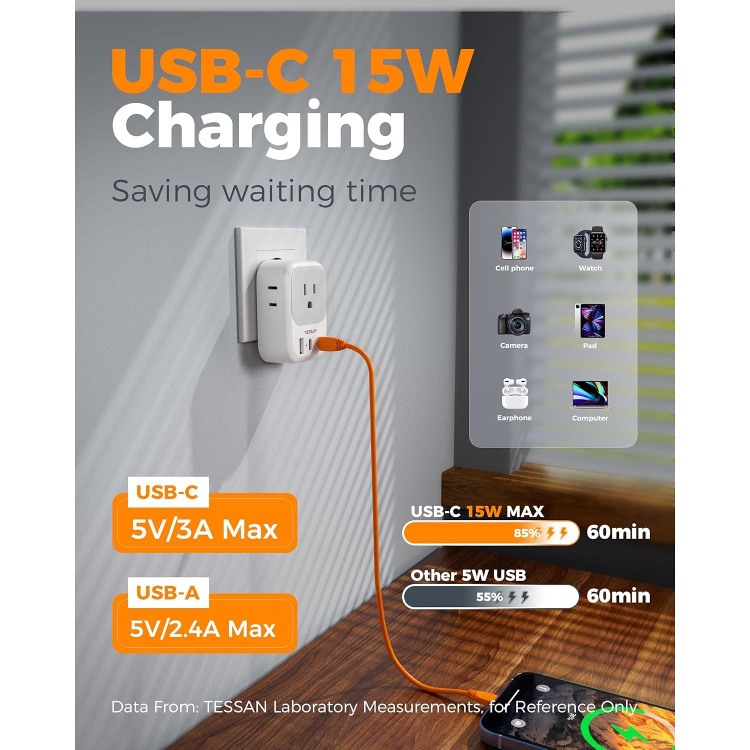 Adaptador de Enchufe de Viaje TESSAN Tipo C 4 Salidas AC 3 USB