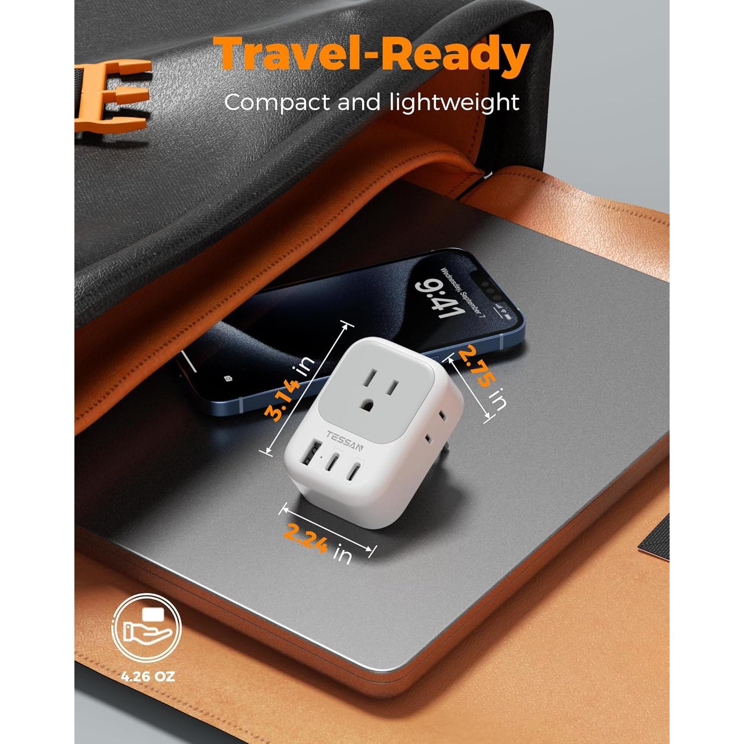 Adaptador de Enchufe de Viaje TESSAN Tipo C 4 Salidas AC 3 USB