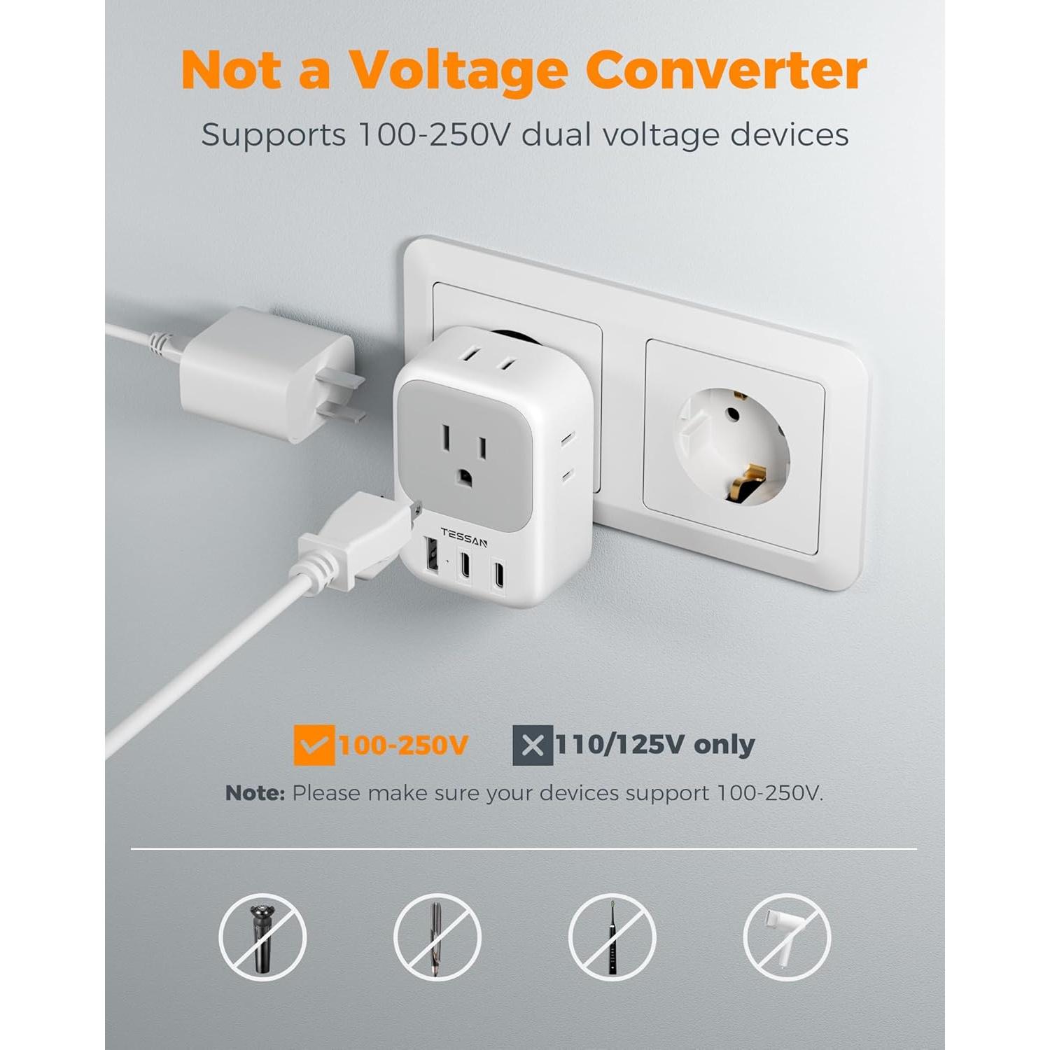 Adaptador de Enchufe de Viaje TESSAN Tipo C 4 Salidas AC 3 USB