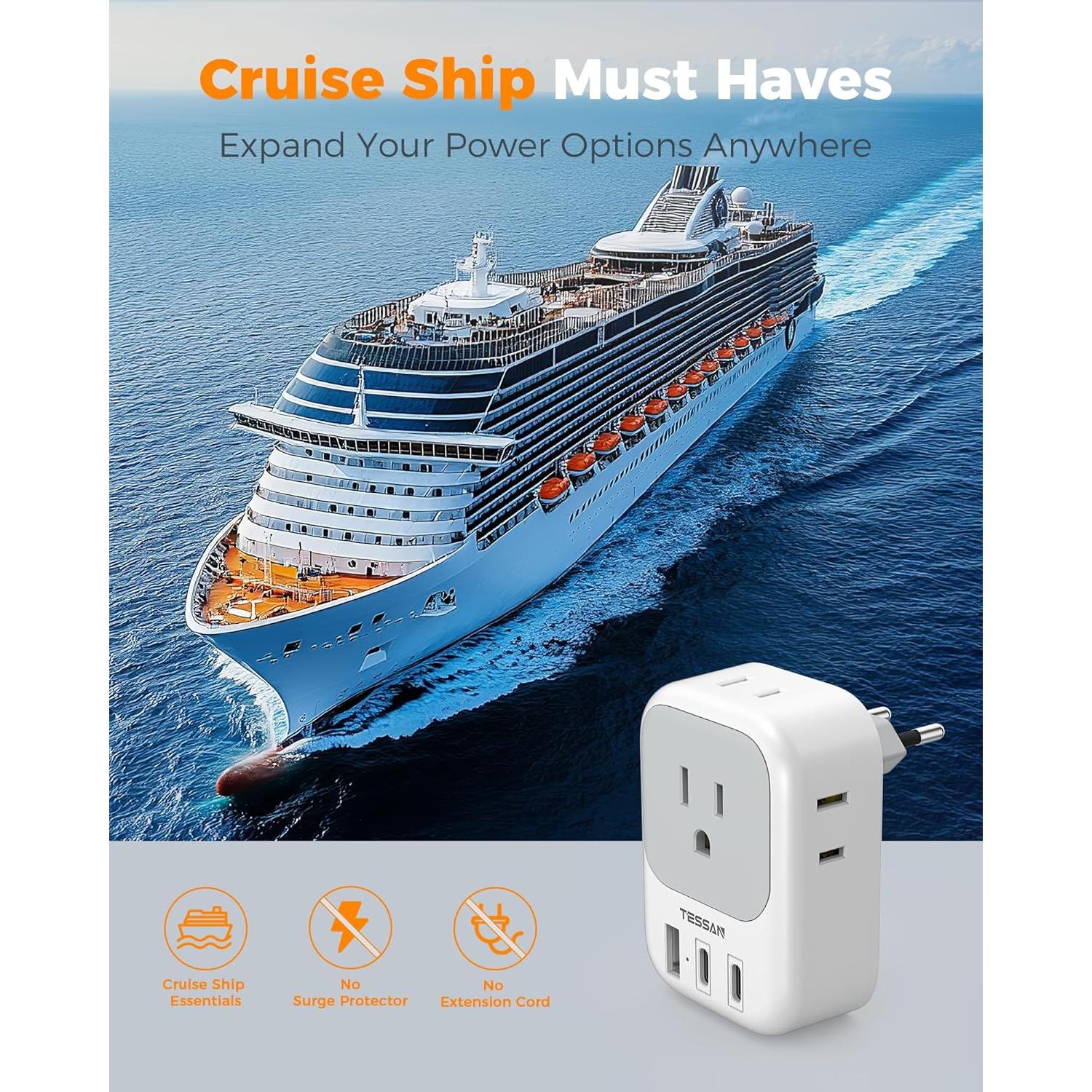 Adaptador de Enchufe de Viaje TESSAN Tipo C 4 Salidas AC 3 USB