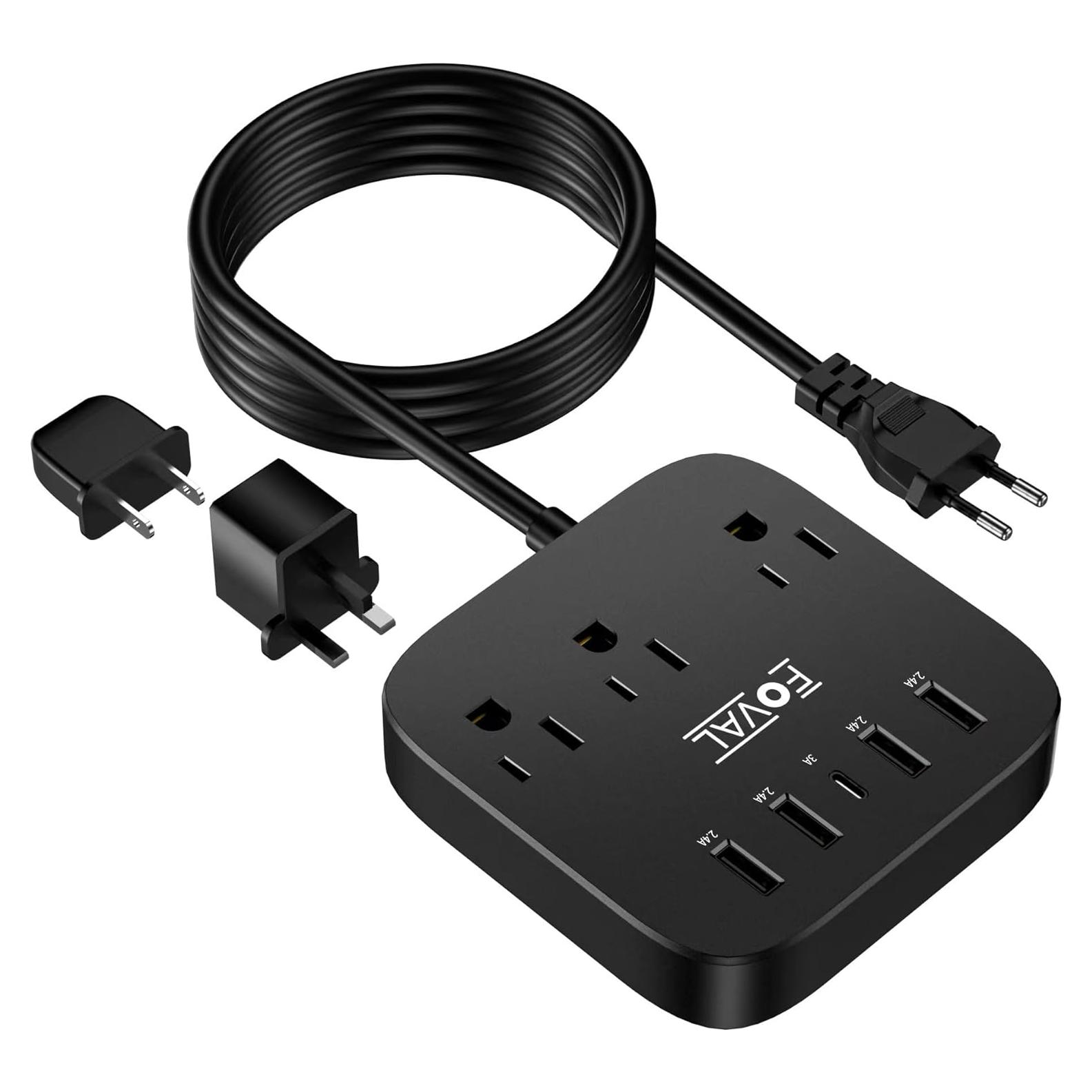 Regleta de Alimentación FOVAL 8 en 1 con USB y Adaptadores EU UK US