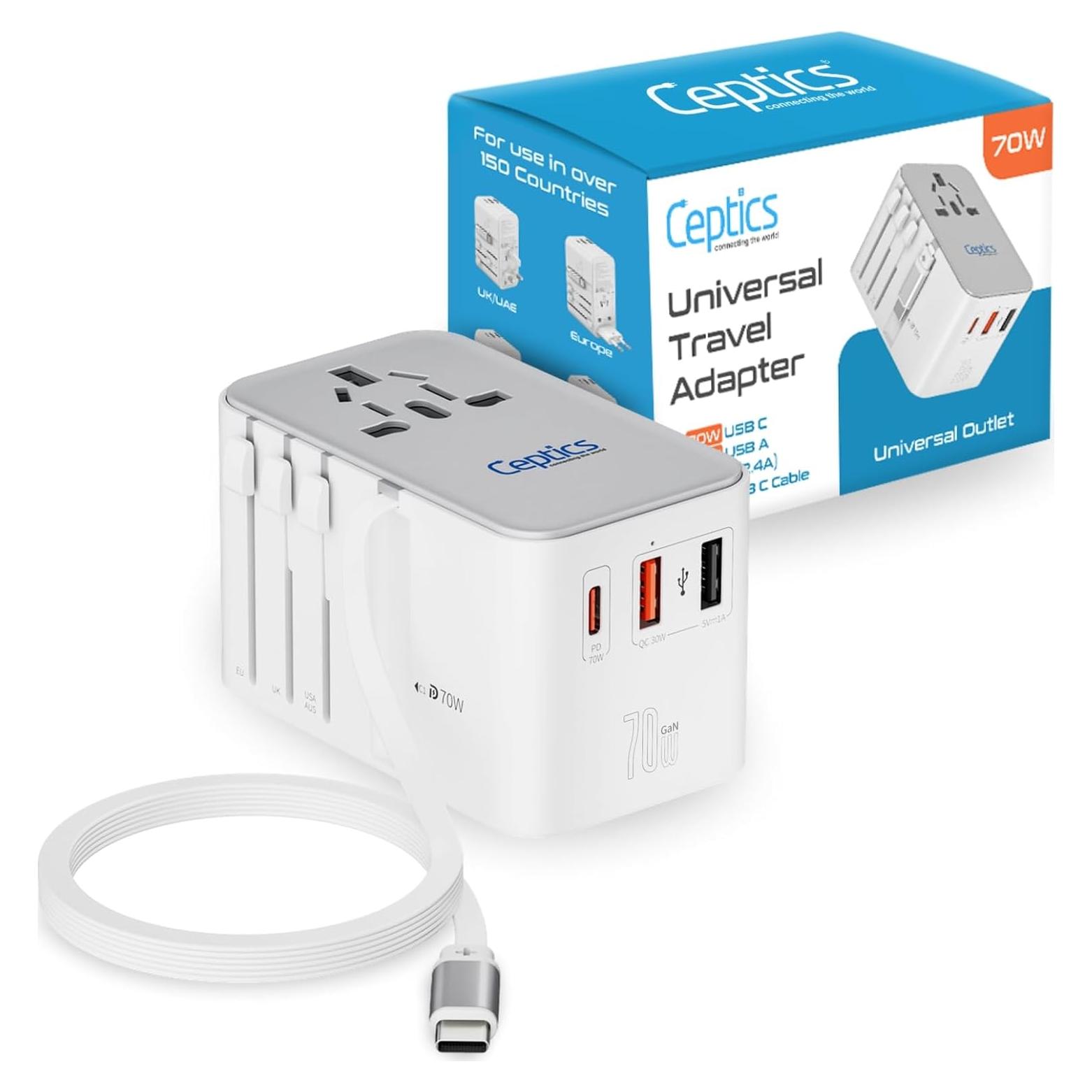 Adaptador de Viaje Universal Ceptics 70W con Cable USB-C Retráctil