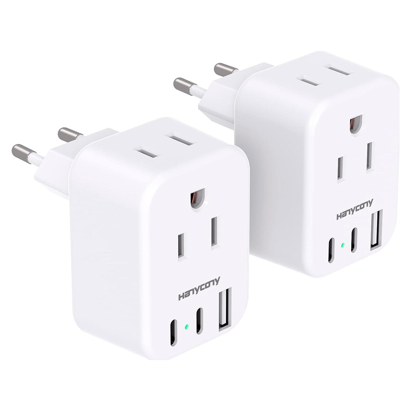 Adaptador de Enchufe de Viaje HANYCONY Tipo C 2 Salidas 3 USB