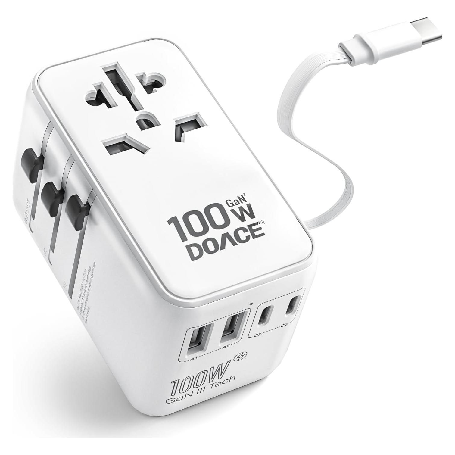 Adaptador de Viaje Universal DOACE 100W GaN 6 en 1 USB-C Blanco