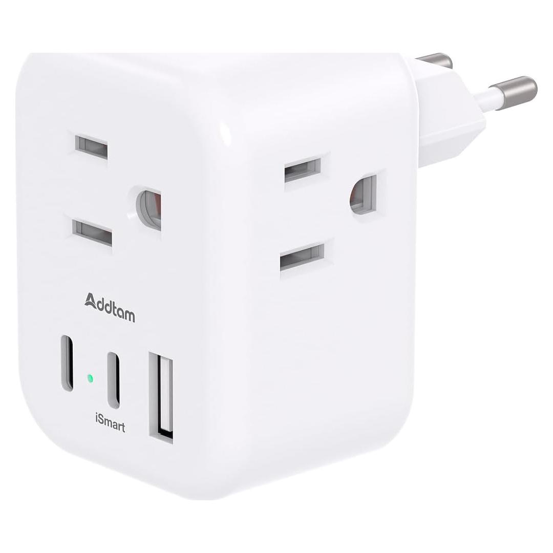 Adaptador de Enchufe de Viaje Addtam 6 en 1 con 3 Salidas y 3 USB