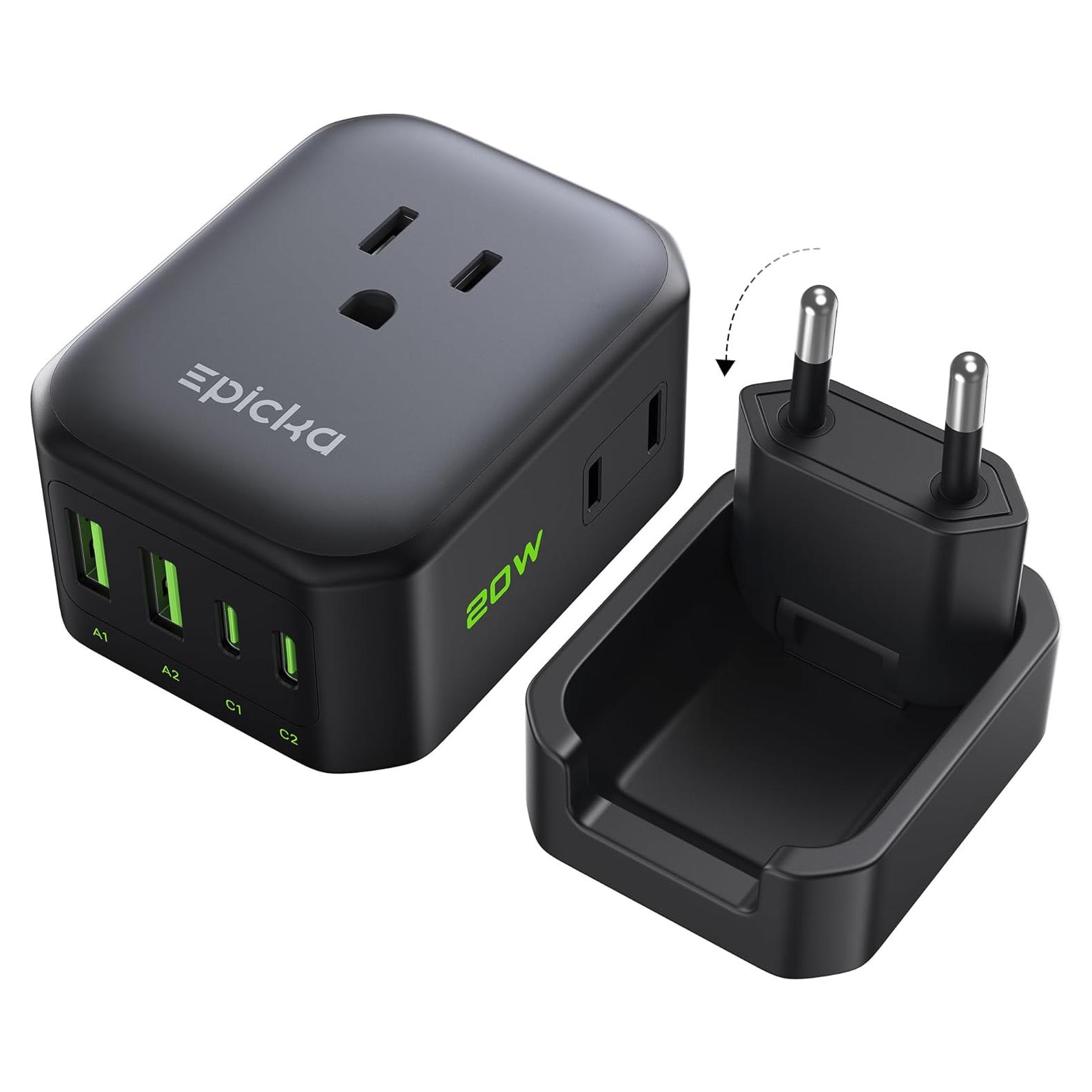 Adaptador de Enchufe de Viaje EPICKA 8-en-1 Tipo C Negro