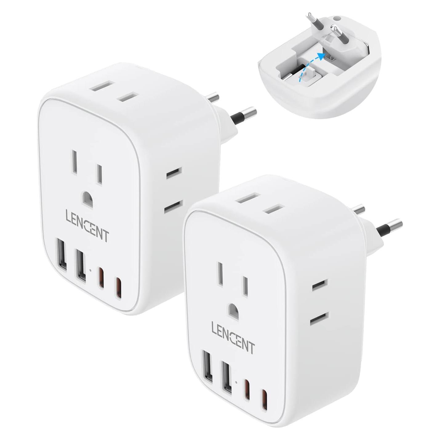 Adaptador de Enchufe de Viaje LENCENT Tipo C 2 Paquetes 4 USB