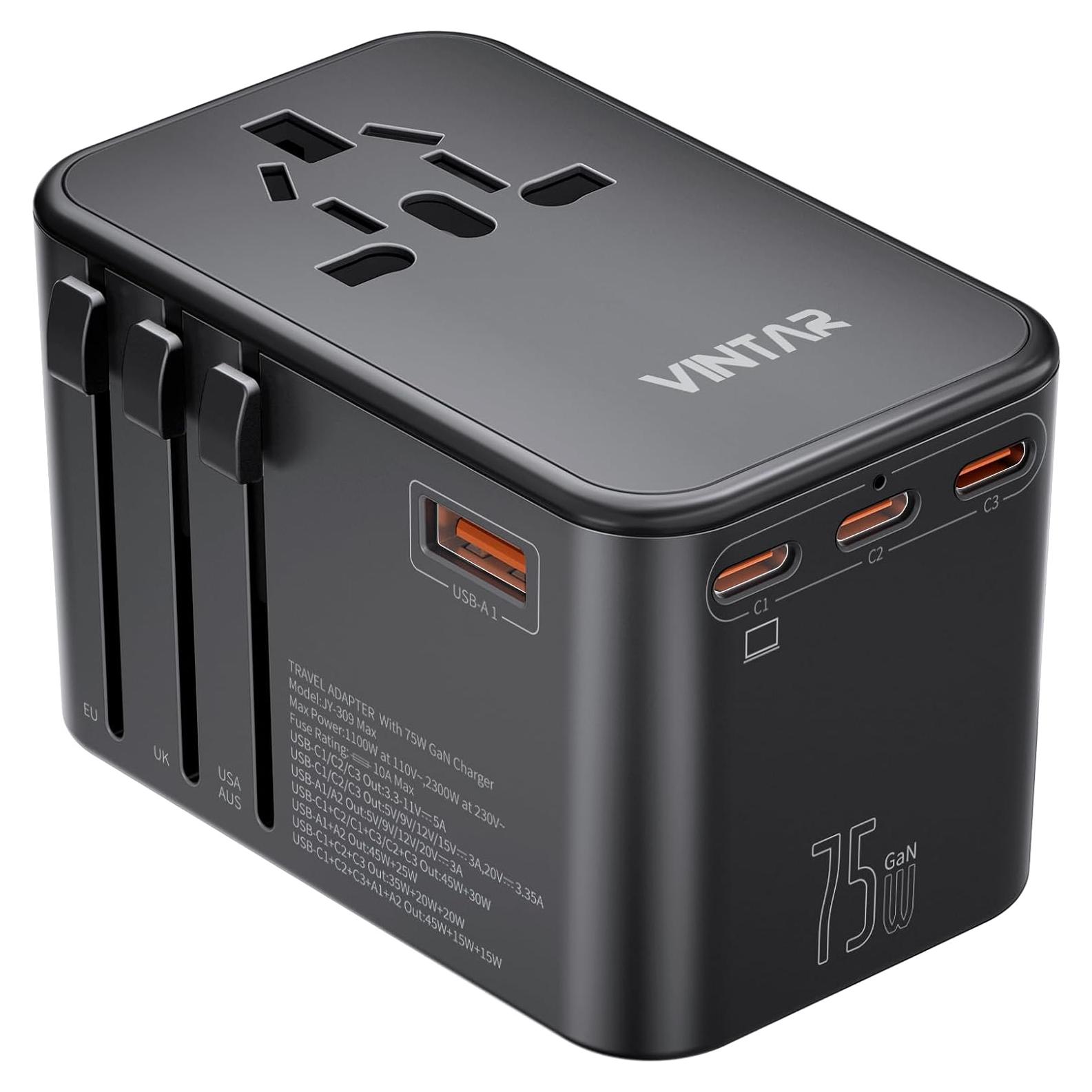 Adaptador de Viaje Universal VINTAR 75W con 5 Puertos USB