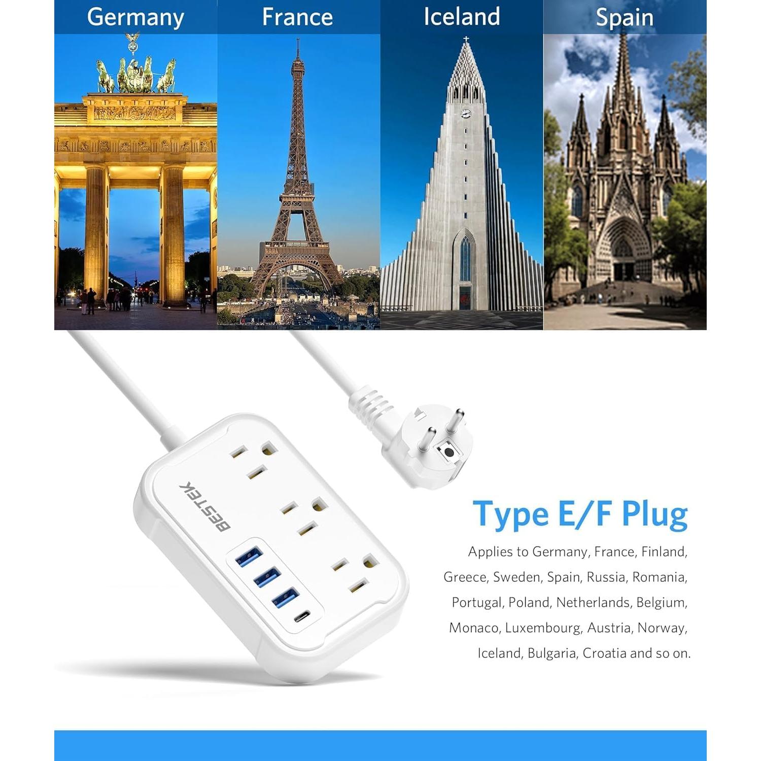 Adaptador de Enchufe de Viaje BESTEK Tipo E/F con 3 USB y PD 20W