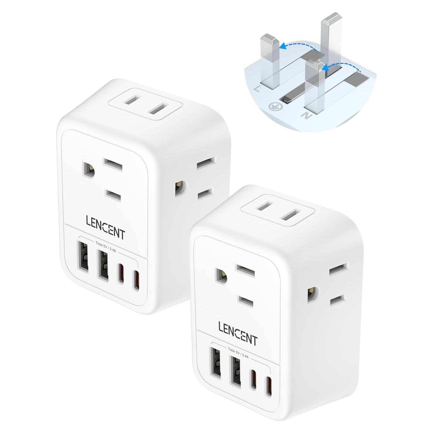 Adaptador de Enchufe LENCENT 2 Pack Tipo G Reino Unido 4 Salidas USB