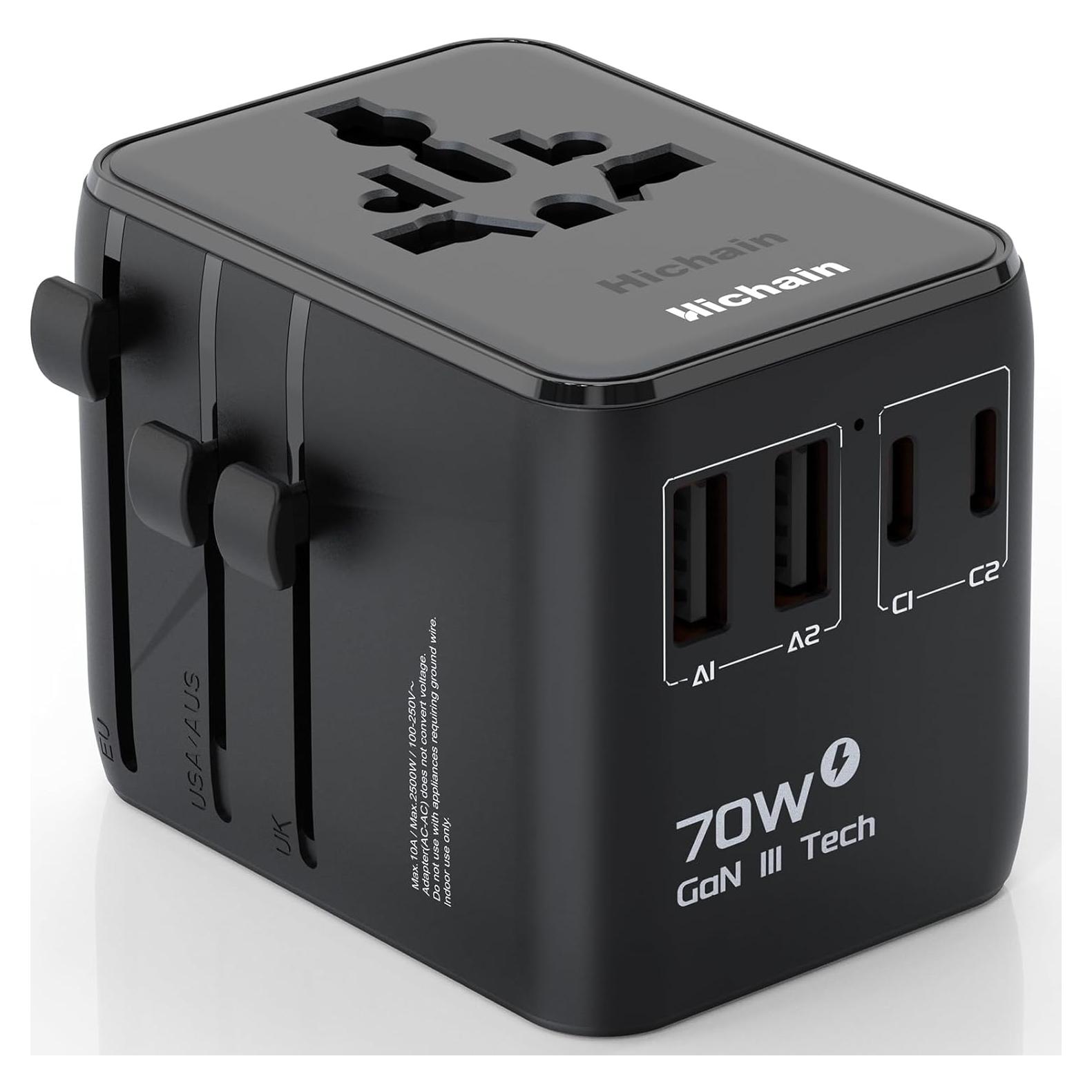 Adaptador de Viaje Universal Hichain 70W GaN 4 Puertos USB