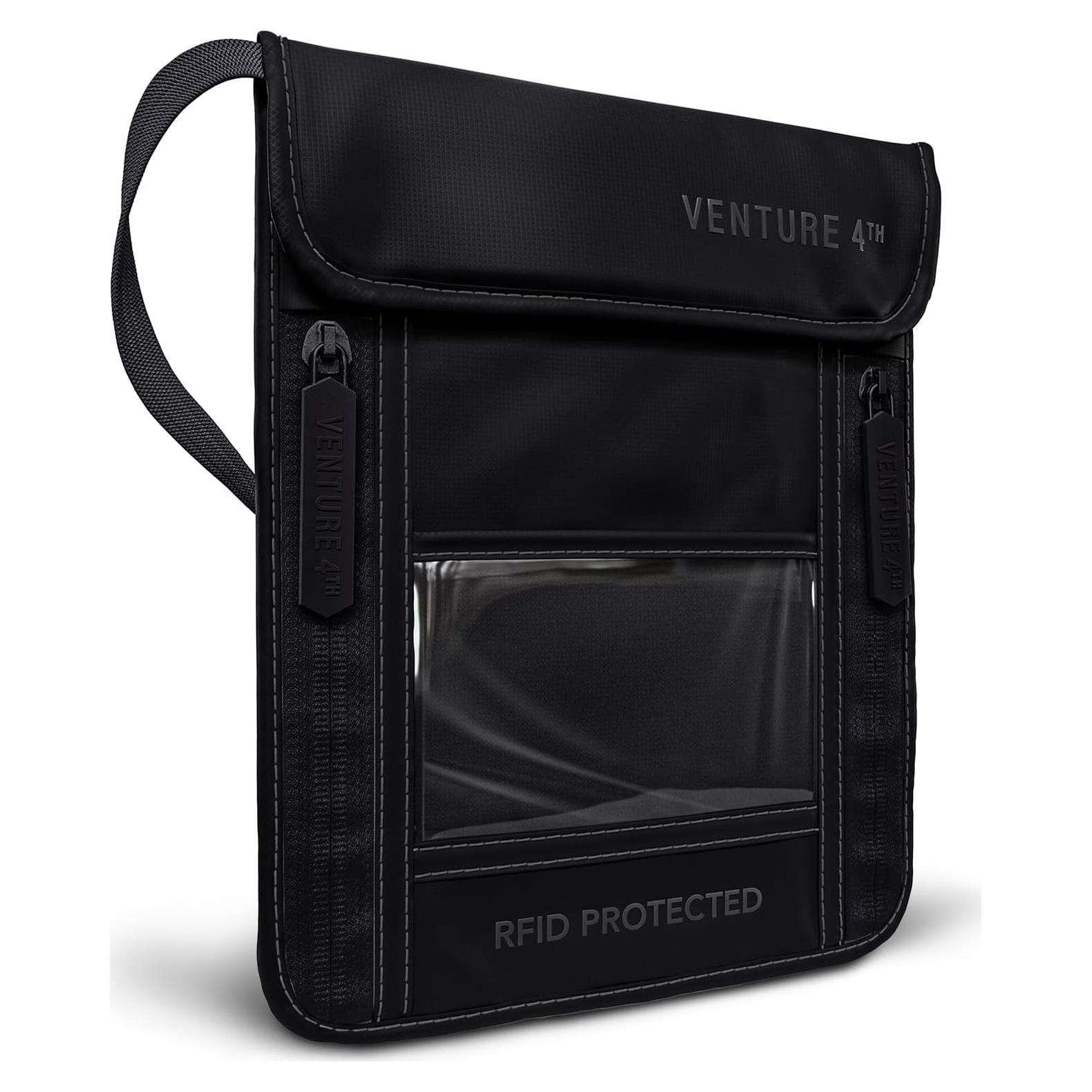 Porta Pasaporte Venture 4th Negro con Bloqueo RFID y Correa
