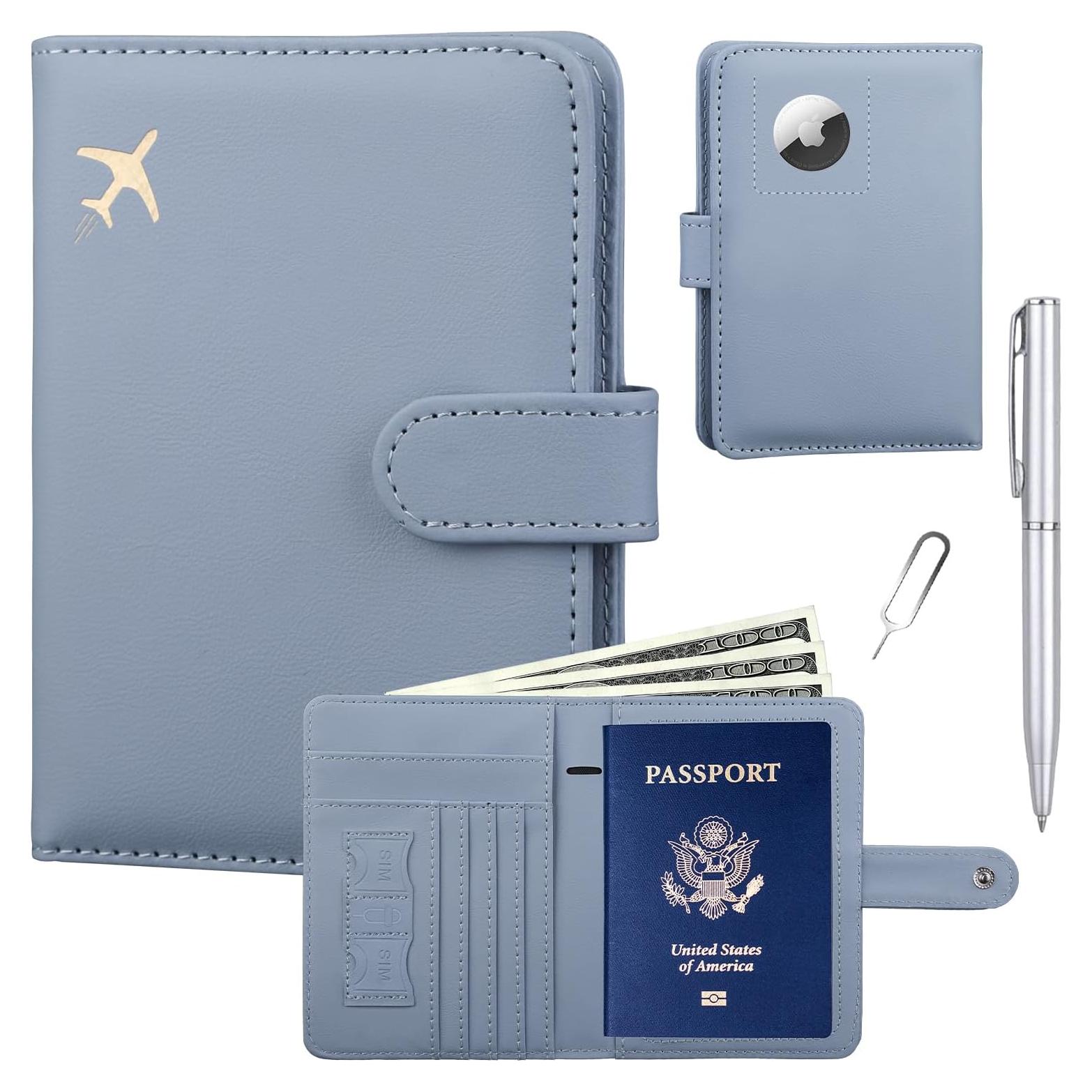 Porta Pasaporte GOAUS Azul con Ranura para Airtag y RFID