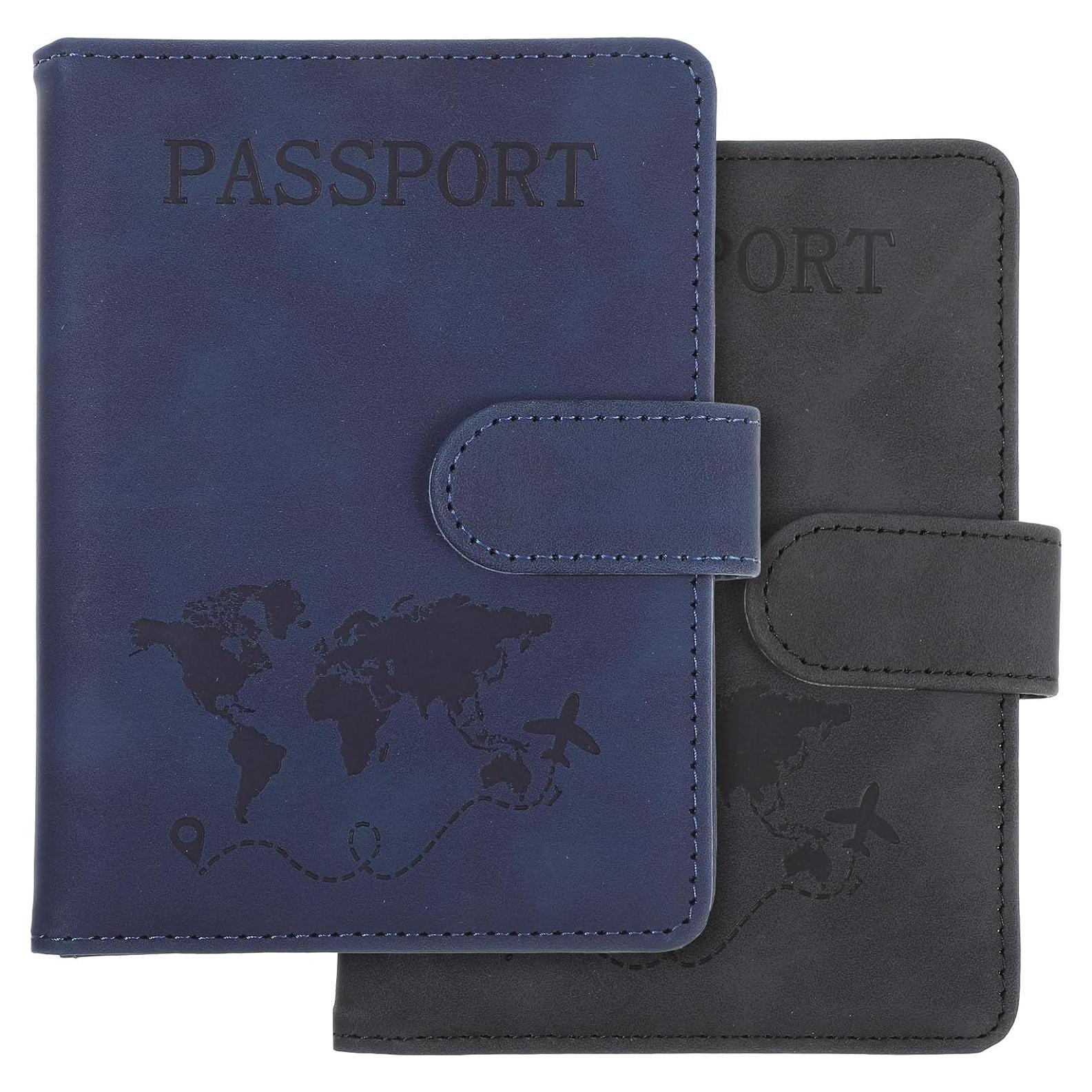 2 Fundas de Pasaporte Impermeables con Bloqueo RFID - Negro y Marrón