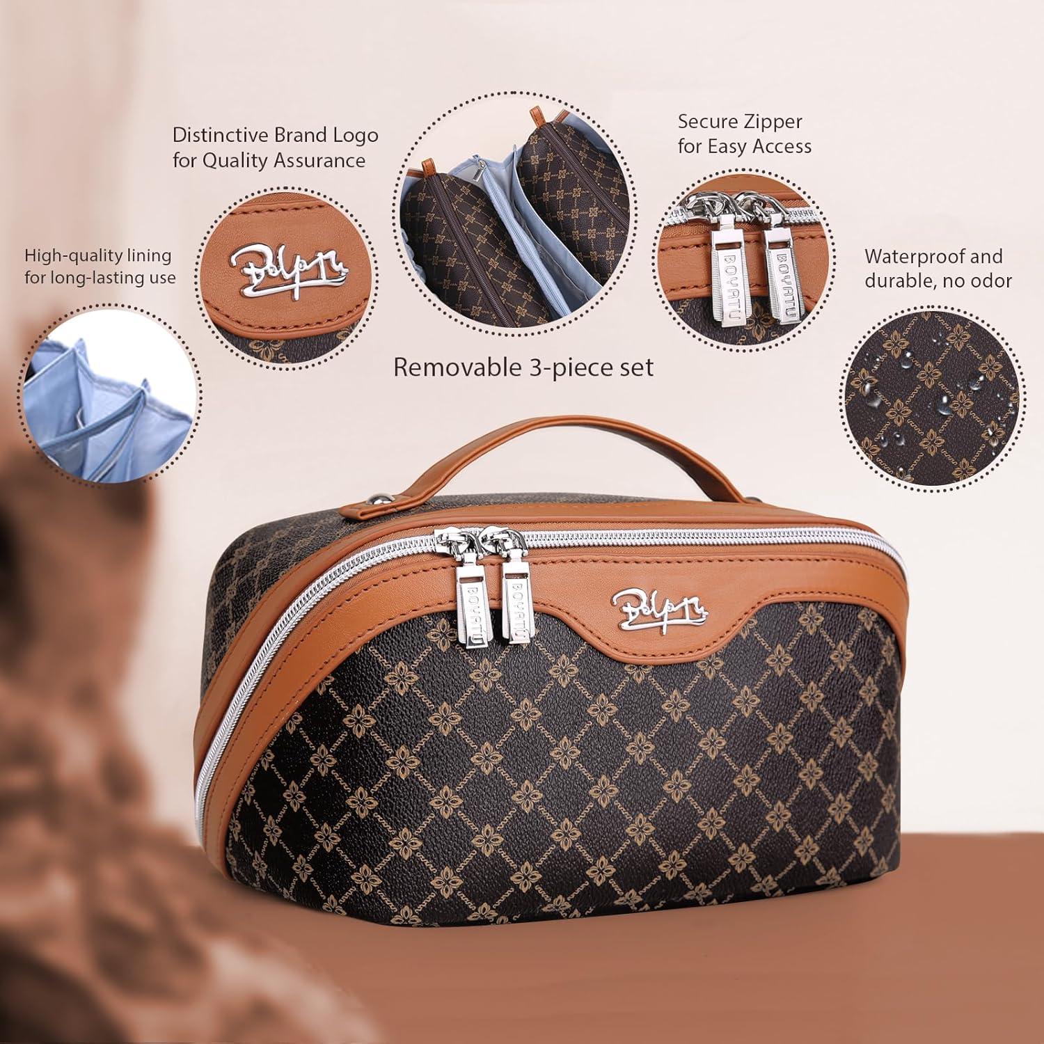 Bolsa de Maquillaje de Viaje BOYATU 3 Piezas Impermeable Café