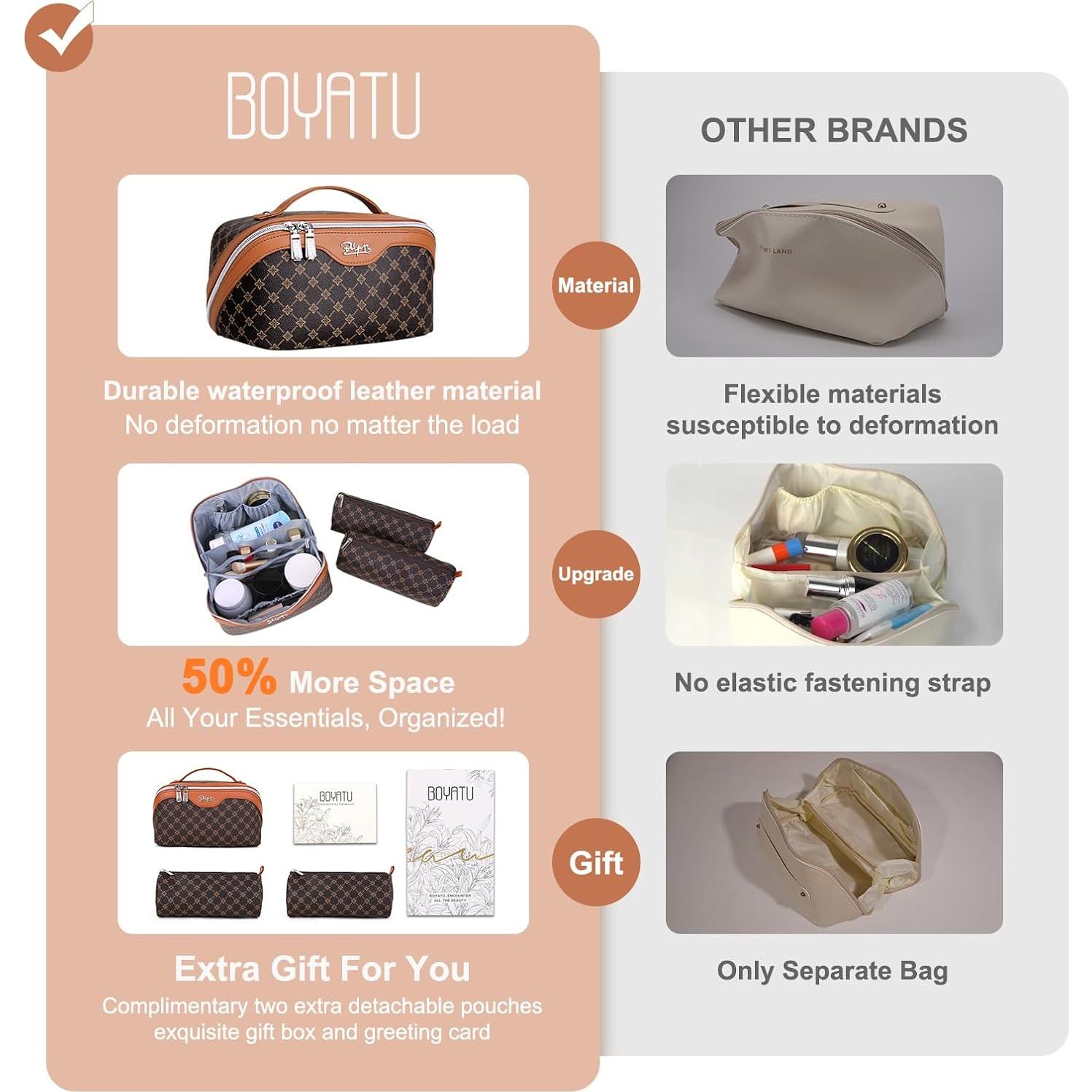 Bolsa de Maquillaje de Viaje BOYATU 3 Piezas Impermeable Café