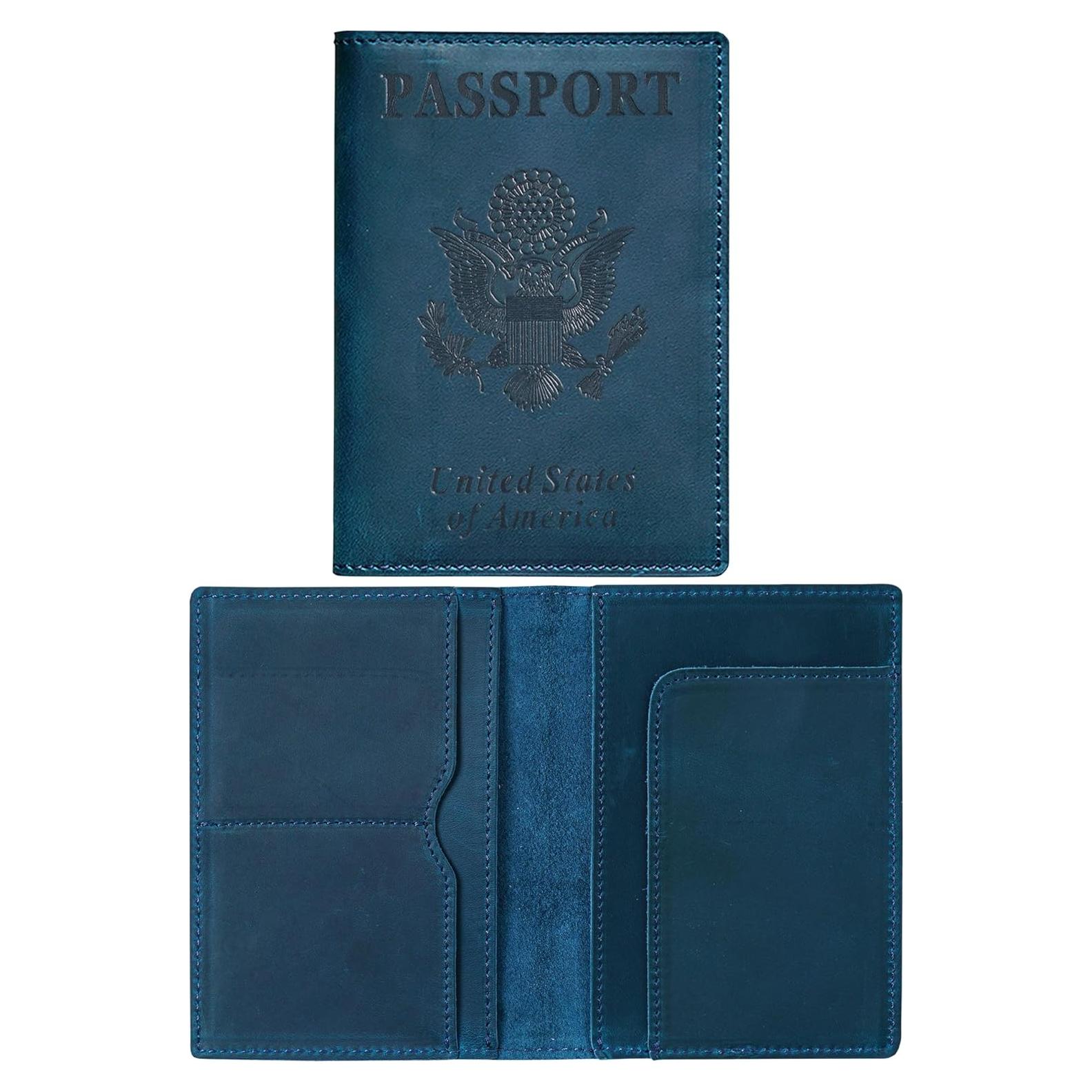Funda de Pasaporte de Cuero HIFA Azul Hecha a Mano 21x14 cm