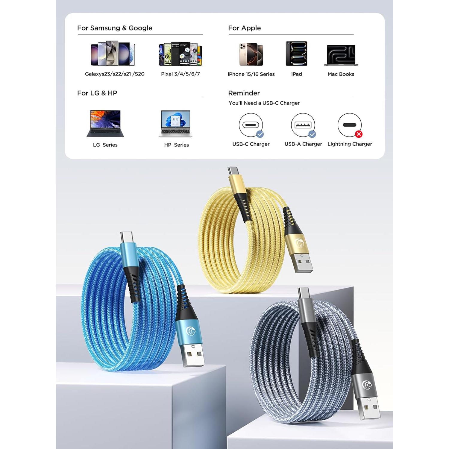 Cable USB C 3Pack 3M Aioneus Carga Rápida Multicolor