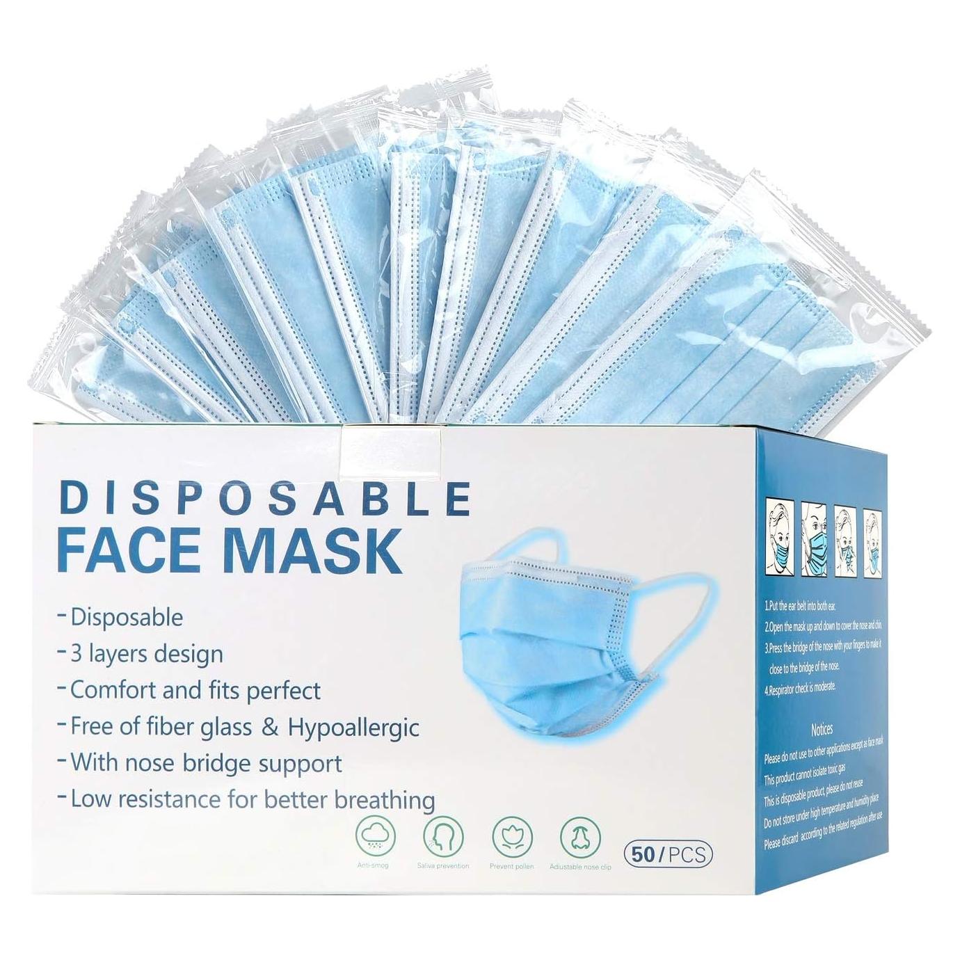 Mascarillas Desechables 50 Pcs Adultos 3 Capas Azul