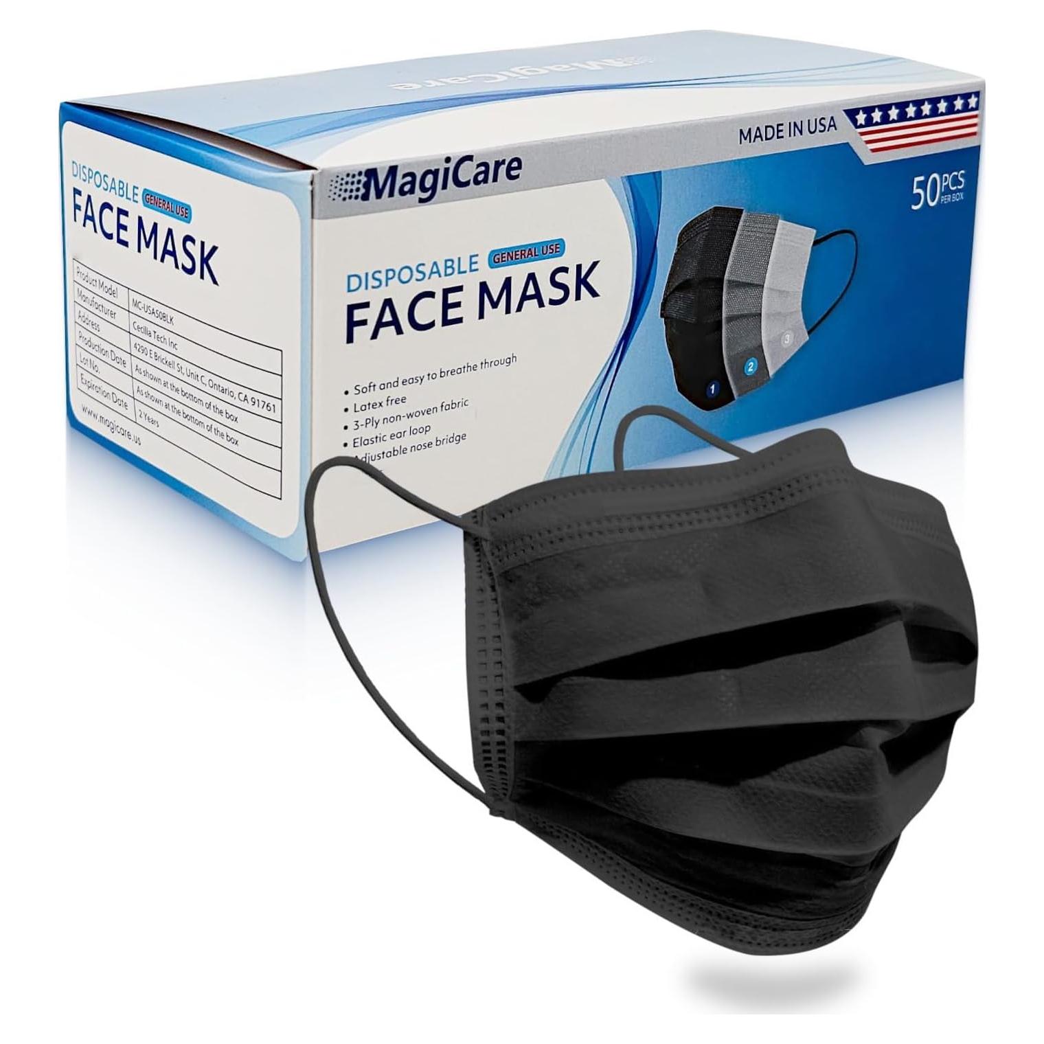 Mascarillas Desechables Negras MagiCare - 50 Unidades 3 Capas