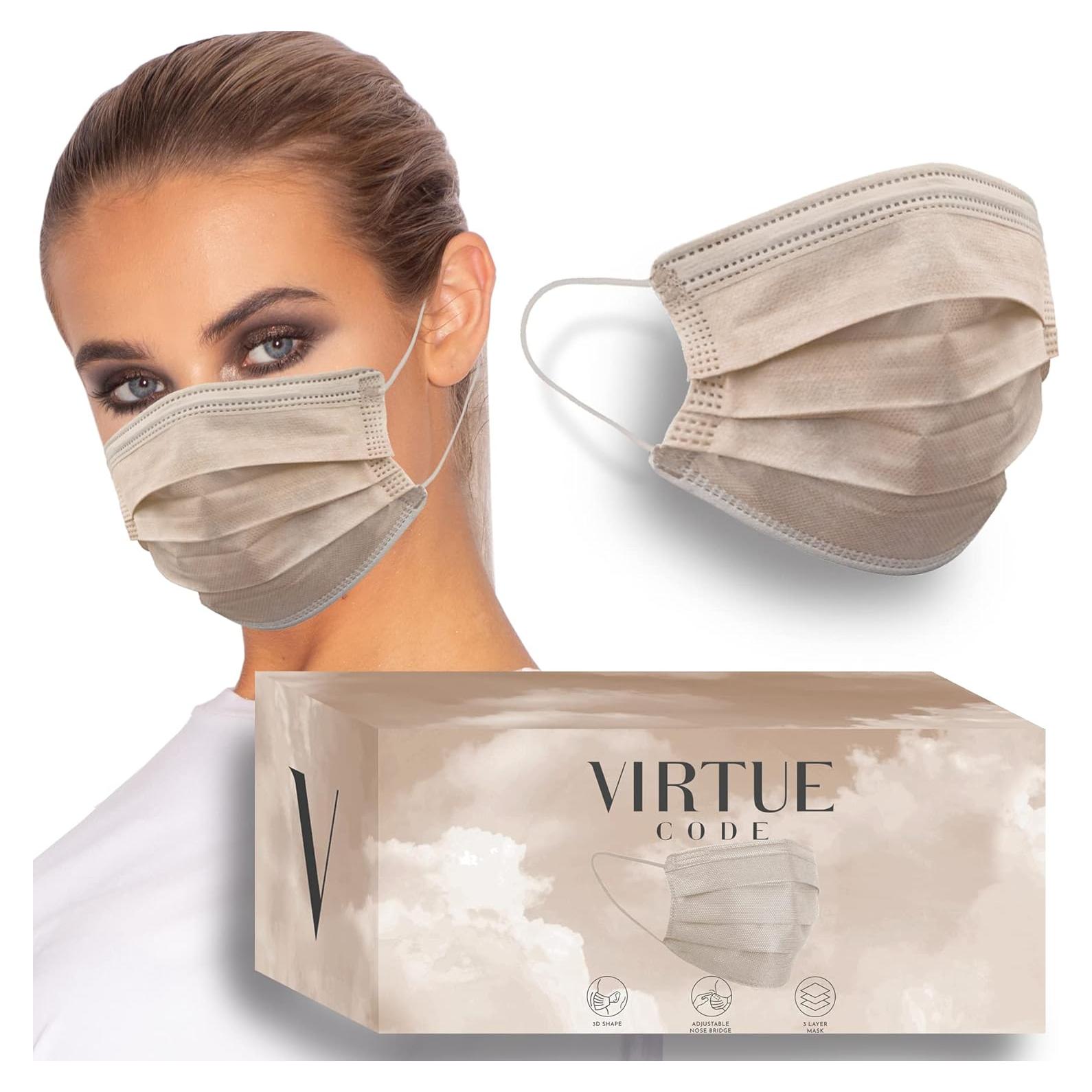 Mascarillas Desechables VIRTUE CODE 3 Capas 50 Unidades Beige