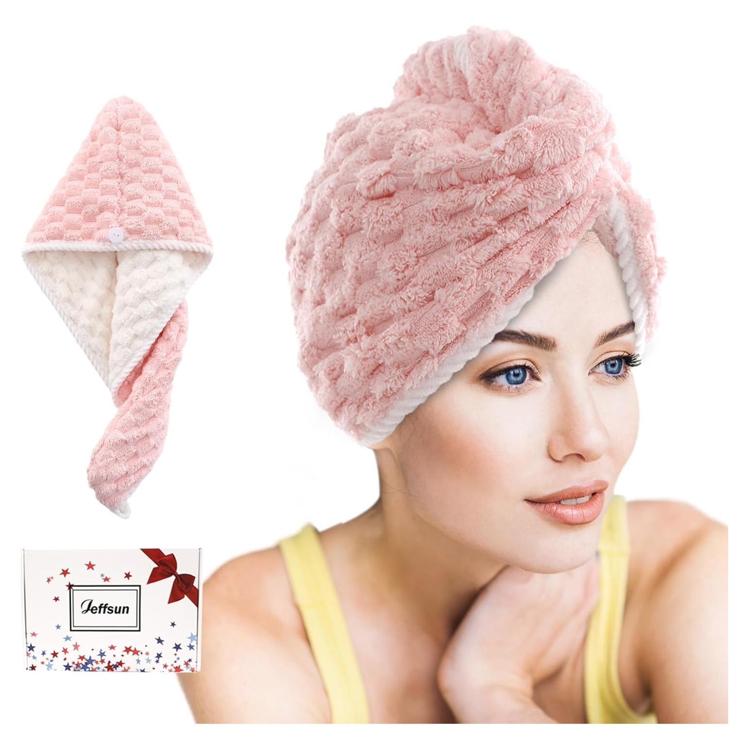 Toalla de Secado de Cabello Microfibra Jeffsun 2 Capas Rosa y Blanco