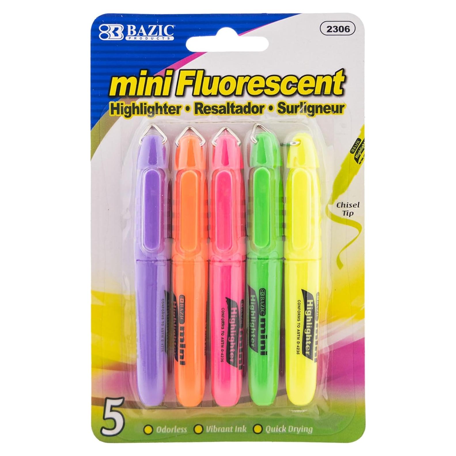 Mini Marcadores Fluorescentes BAZIC 5 Colores Punta Chisel