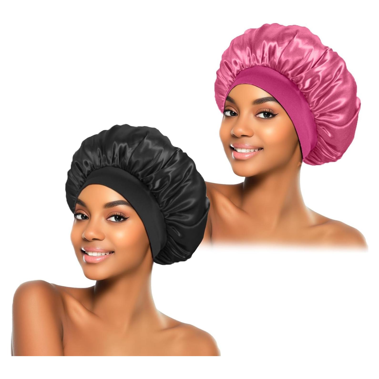 2 Bonetes de Seda ZHENSILK para Dormir - Gorro de Satén Rosa y Negro