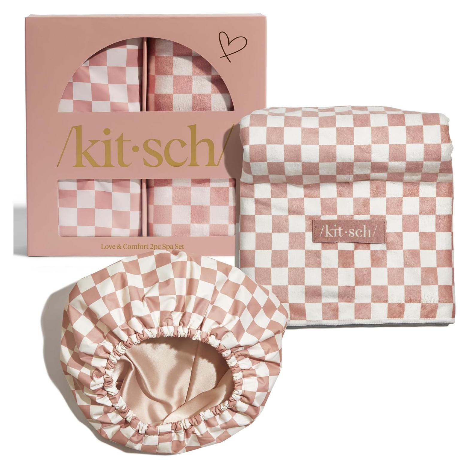 Set de Spa Kitsch 2PC: Gorro Ducha Satén y Toalla Microfibra XL